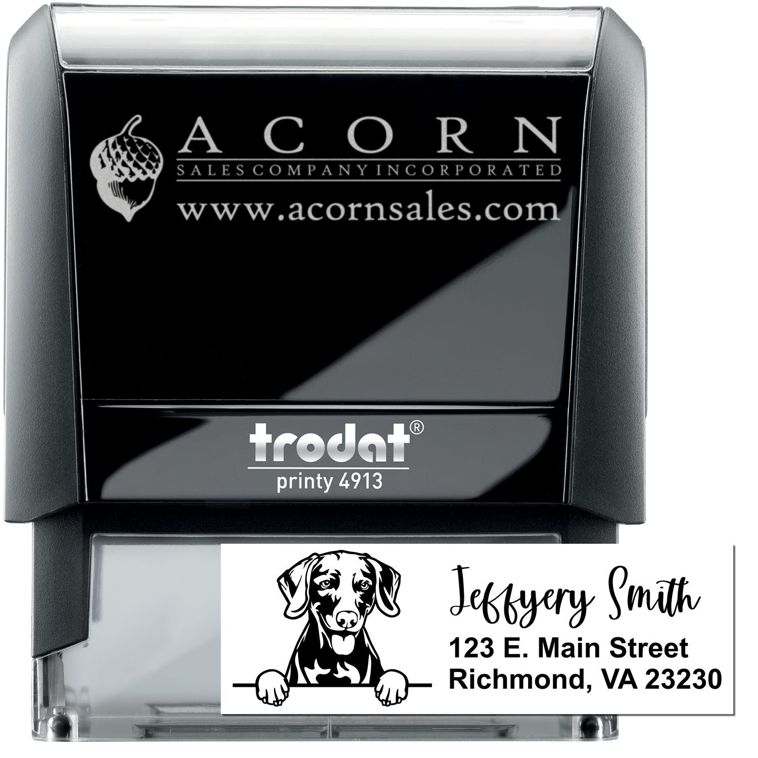Trodat Printy 4913 self-inking rubber stamp with custom logo and return address imprint for personalized business use