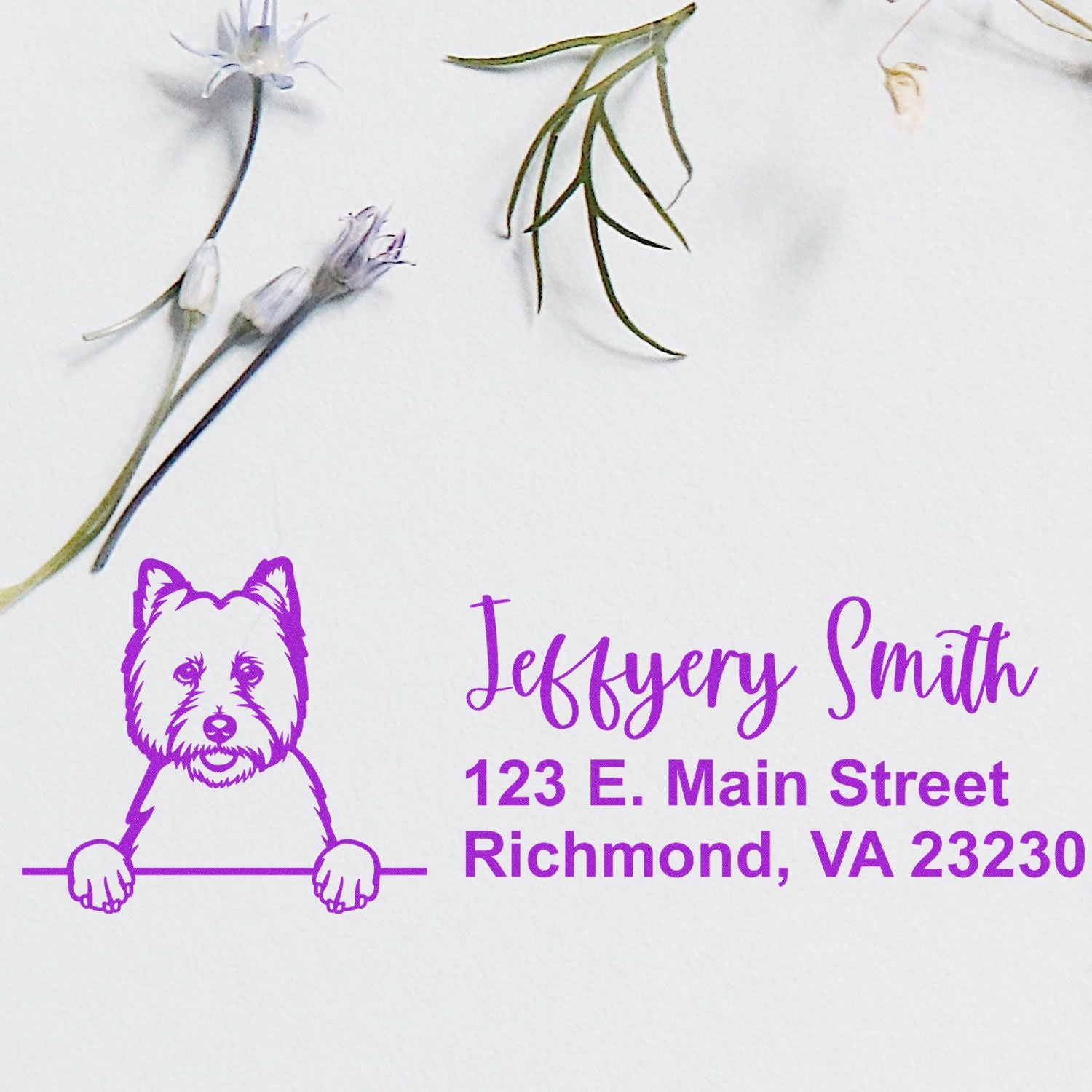 Personalized dog return address rubber stamp with pet portrait, name, and Richmond, VA address in purple ink.