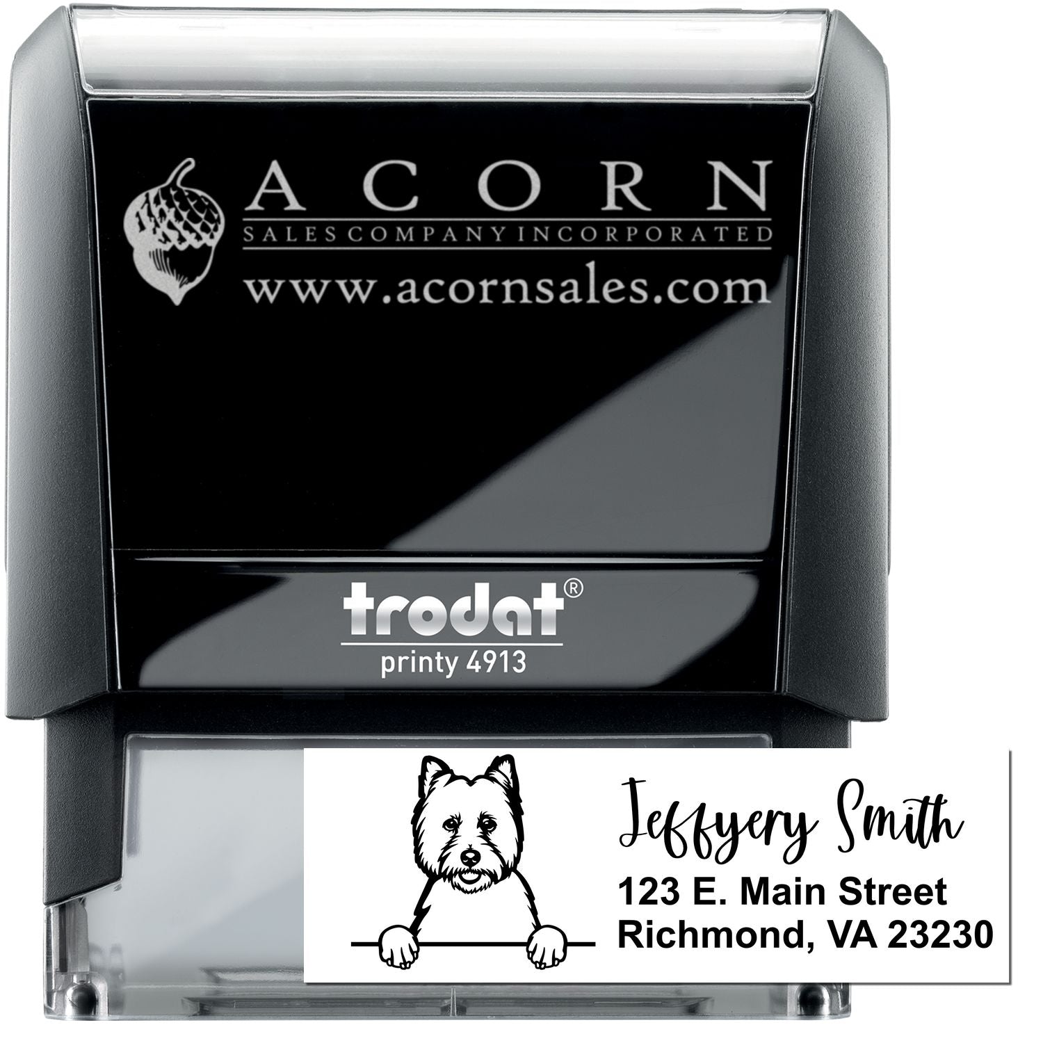 Self-inking Trodat Printy 4913 custom rubber stamp with logo and personalized address stamp example for Jeffery Smith.