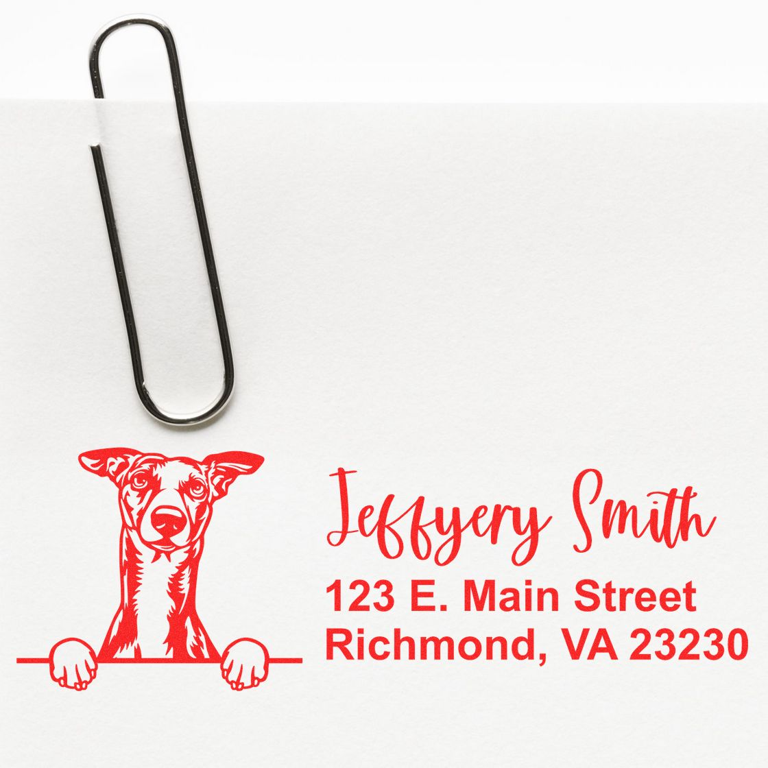 Custom dog return address rubber stamp showing Jeffery Smith, 123 E. Main Street, Richmond, VA 23230.
