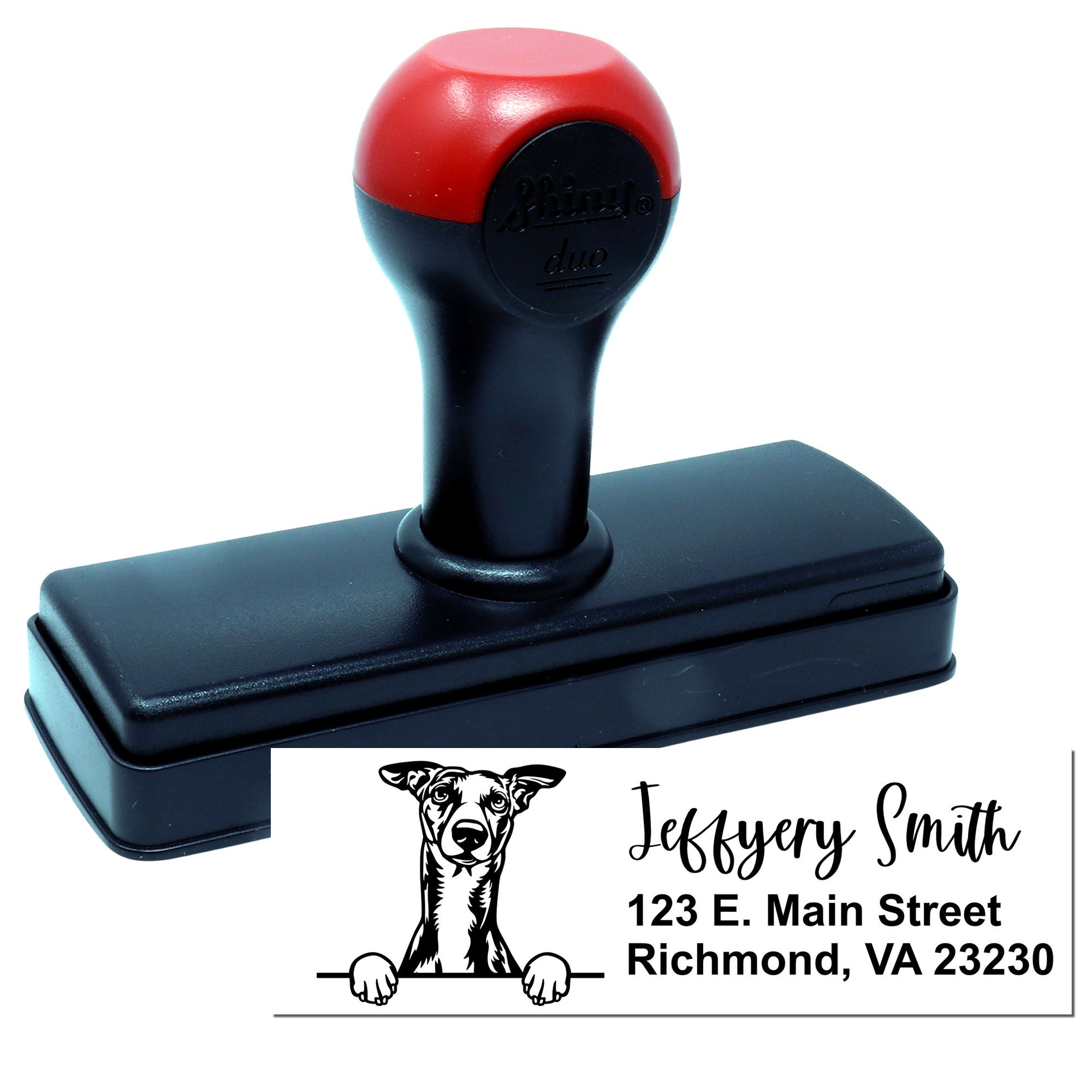 Custom self-inking rubber address stamp with dog logo and personalized return address for mailing