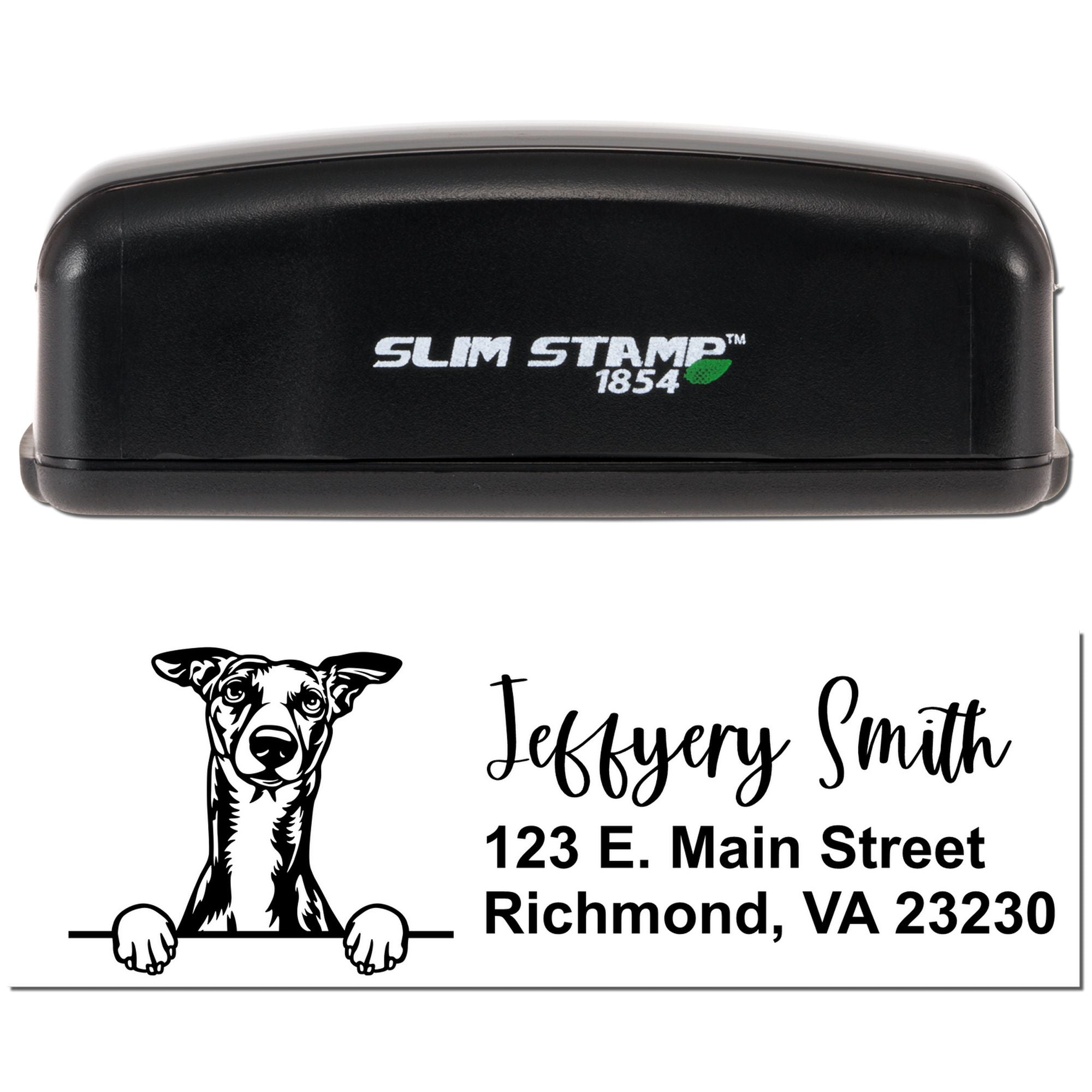 Slim Stamp 1854 custom self-inking rubber address stamp with dog logo, name, and mailing address imprint