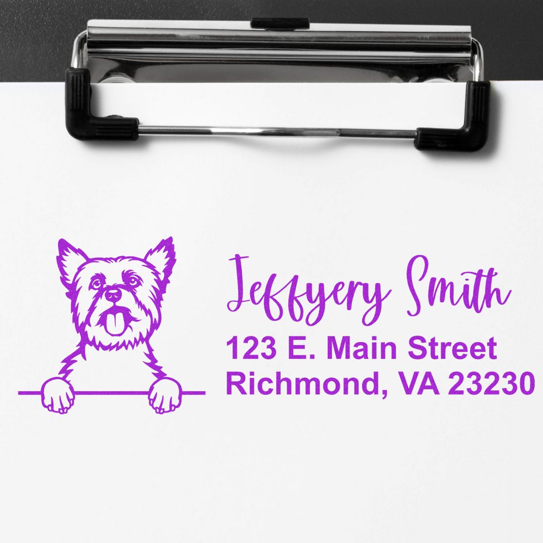 Custom return address rubber stamp with dog logo for Jeffery Smith, Richmond, VA 23230.