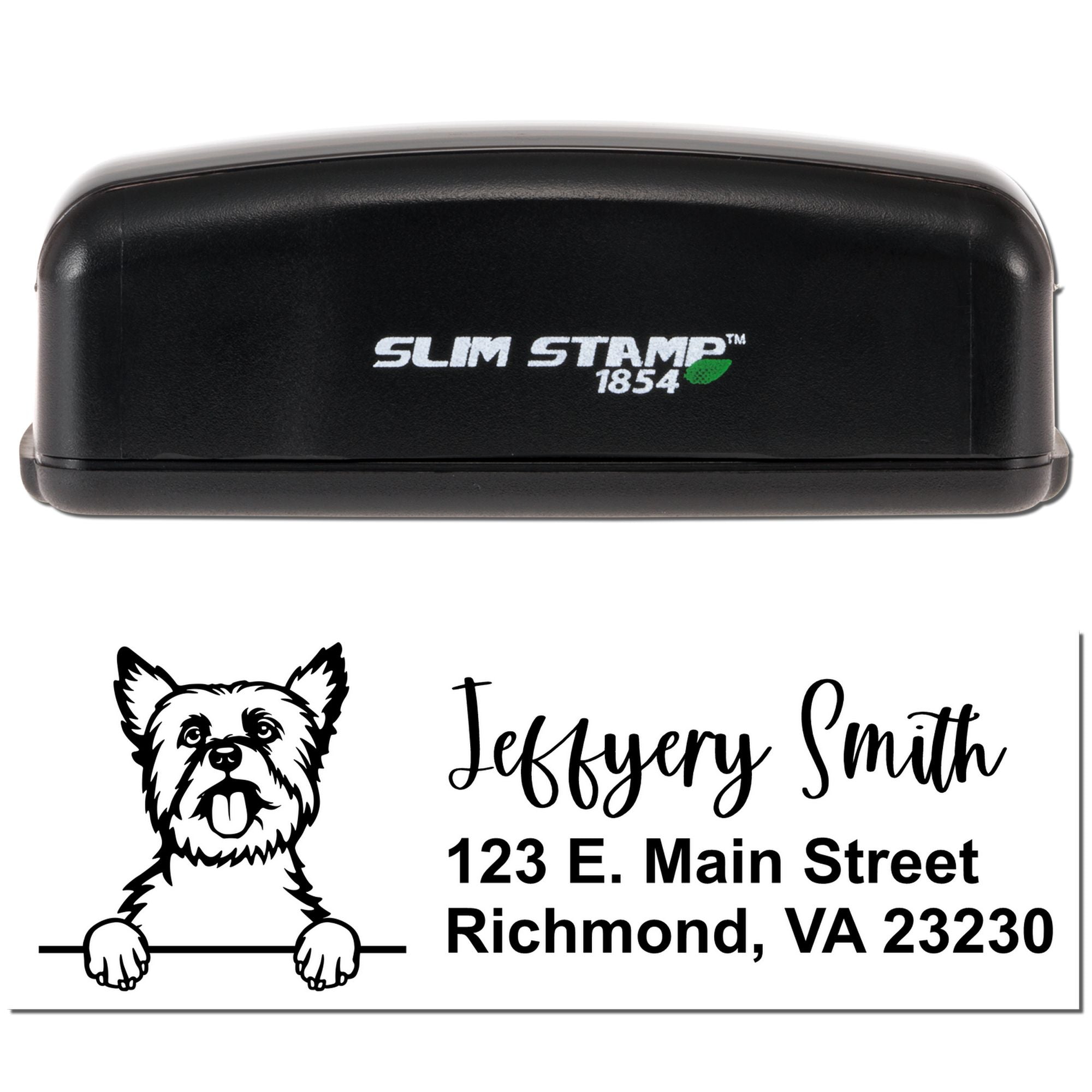 Slim Stamp 1854 custom self-inking rubber address stamp with dog logo, Jeffrey Smith, and Richmond, VA return address.