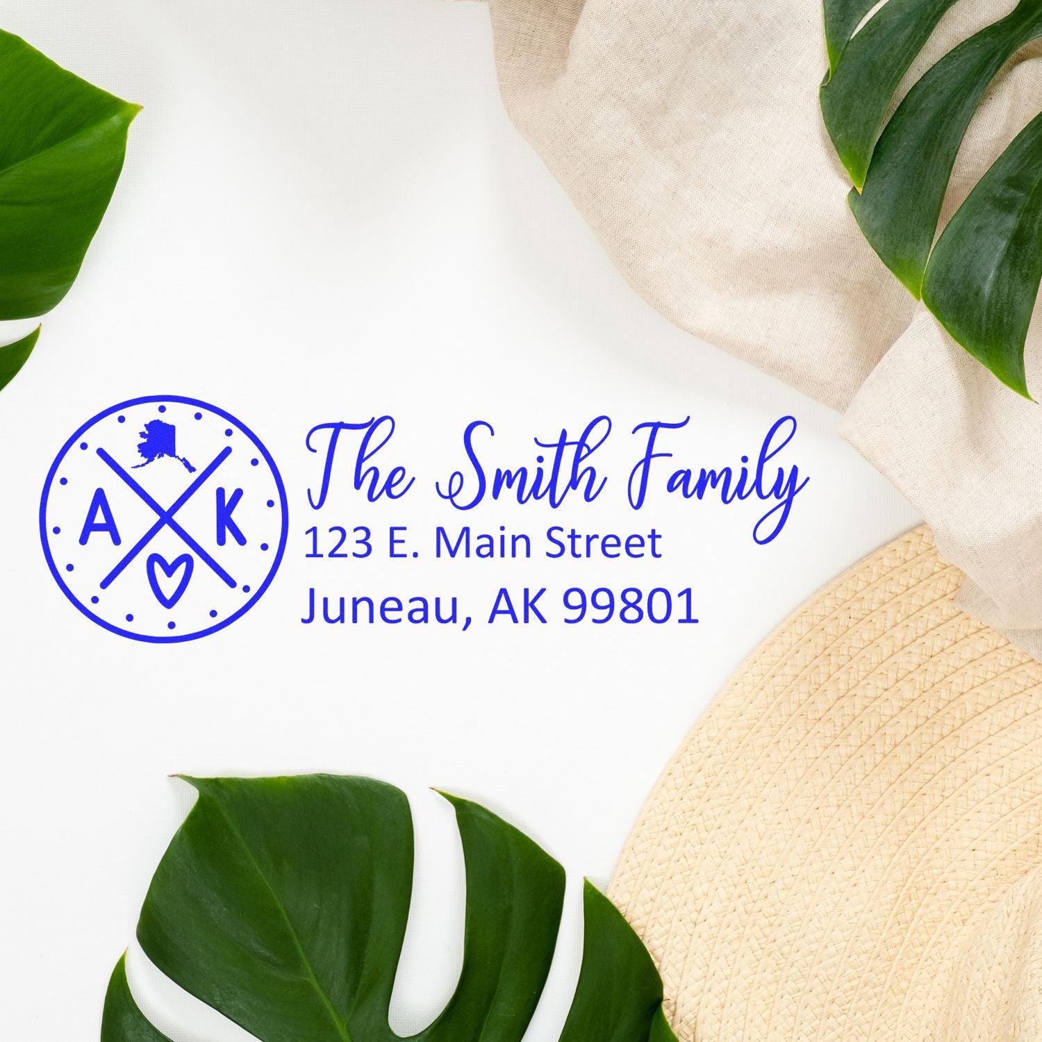 Custom Alaska family address rubber stamp with Smith Family monogram and Juneau, AK return address.