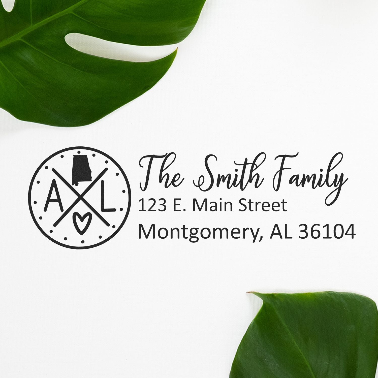 Custom family return address rubber stamp with monogram AL, The Smith Family, 123 E. Main Street, Montgomery, AL 36104