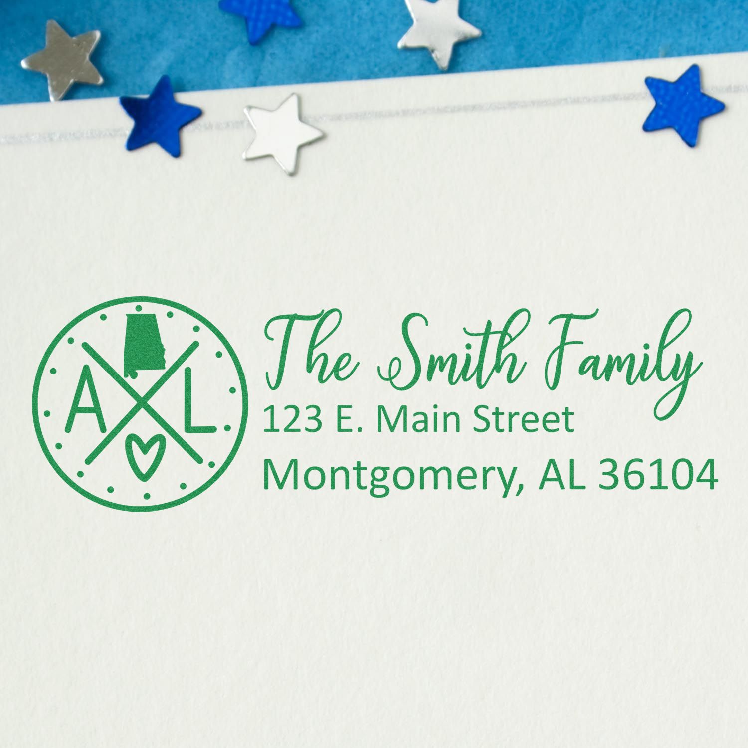 Personalized family return address rubber stamp with monogram, The Smith Family, and Montgomery, AL address on envelope.