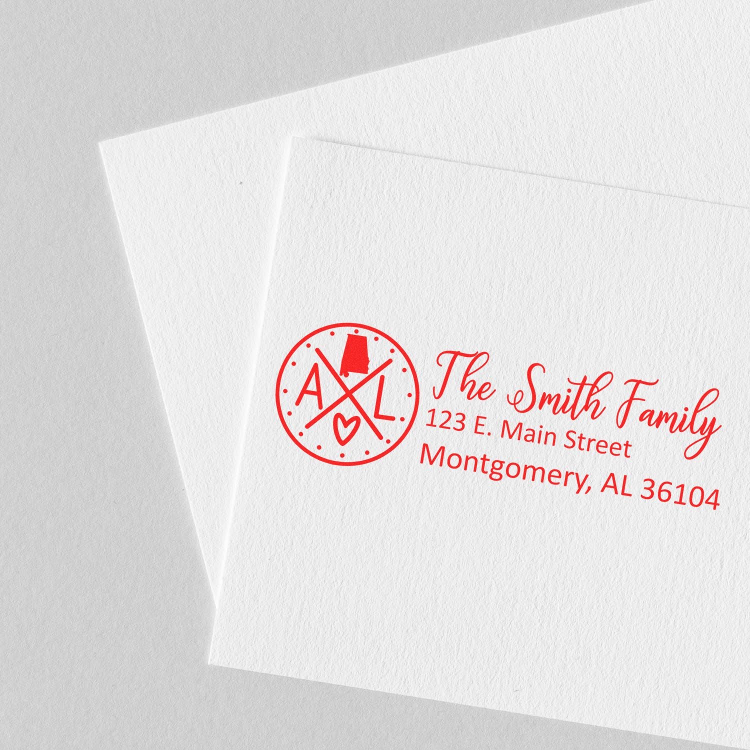 Custom Smith Family rubber return address stamp with monogram for personalized envelopes and invitations.