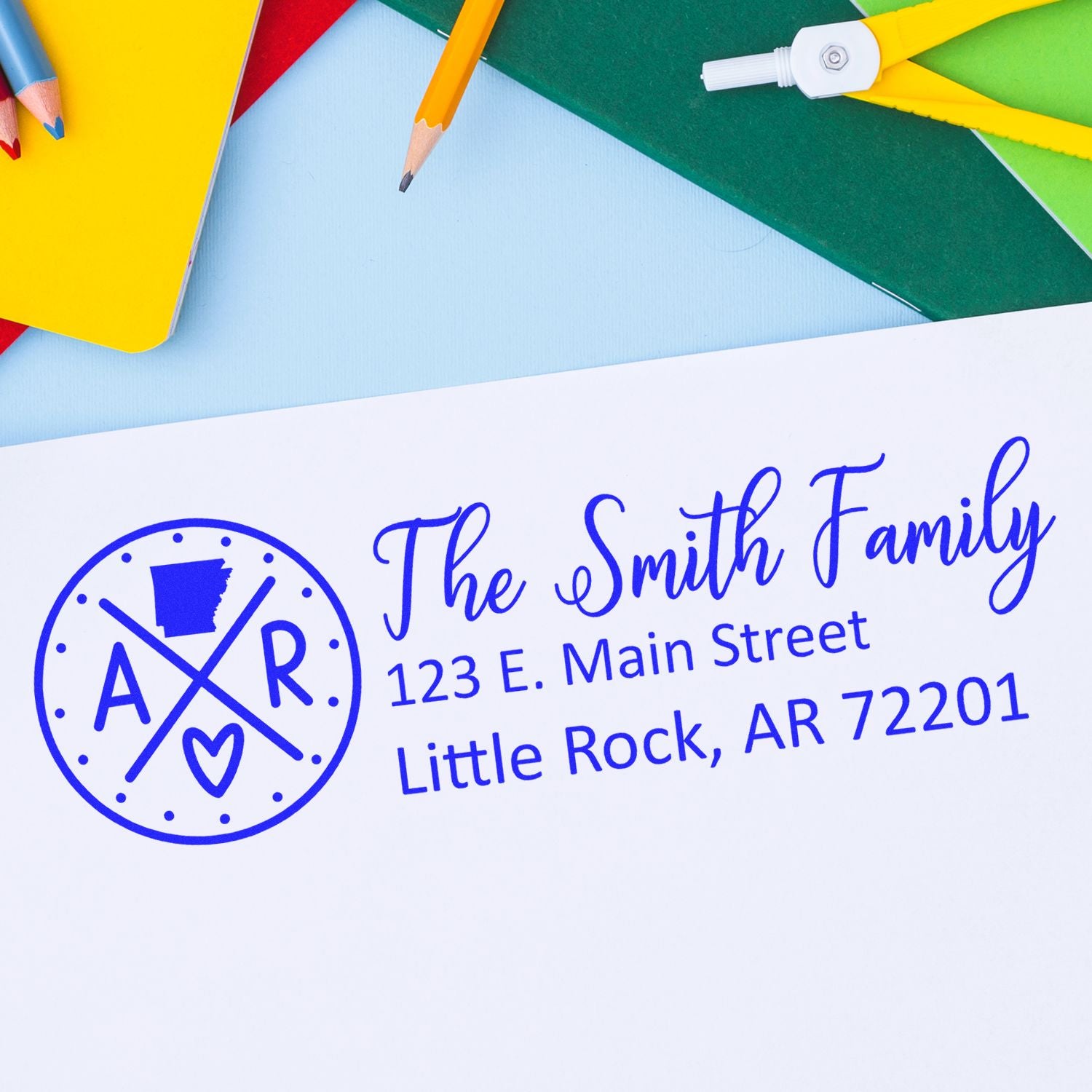 Custom family return address rubber stamp with AR monogram, ideal for envelopes, stationery, and mailing labels.