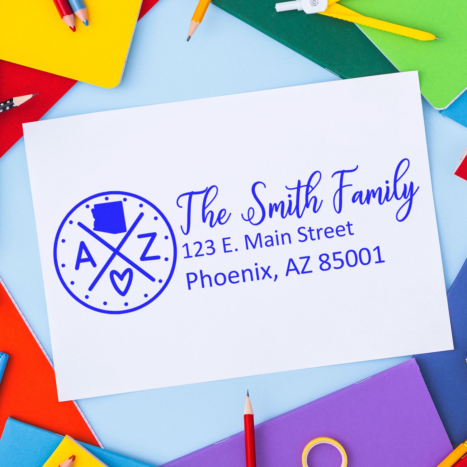 Personalized return address rubber stamp for The Smith Family, Phoenix, AZ 85001, for envelopes and stationery.