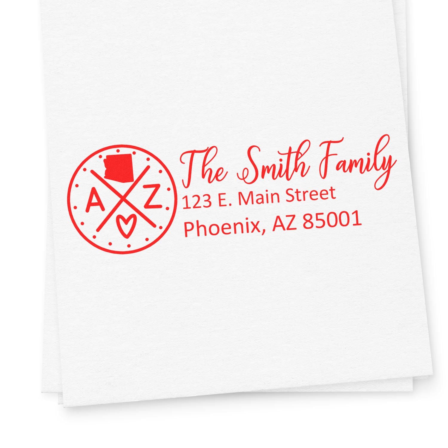 Custom red rubber address stamp for The Smith Family with Arizona monogram, home address, and return mailing design.