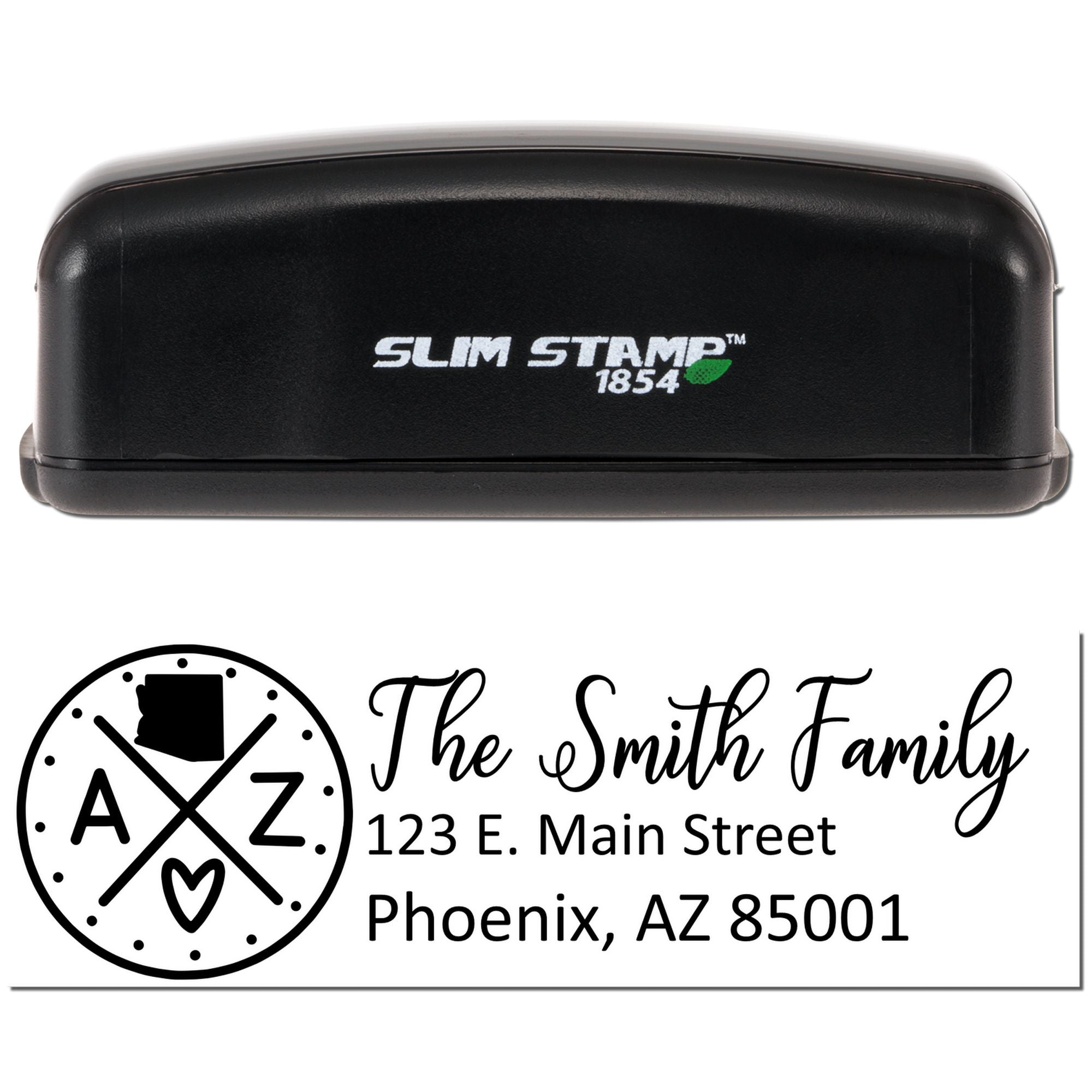 Slim Stamp 1854 self-inking rubber stamp showing a personalized family return address imprint and monogram logo.