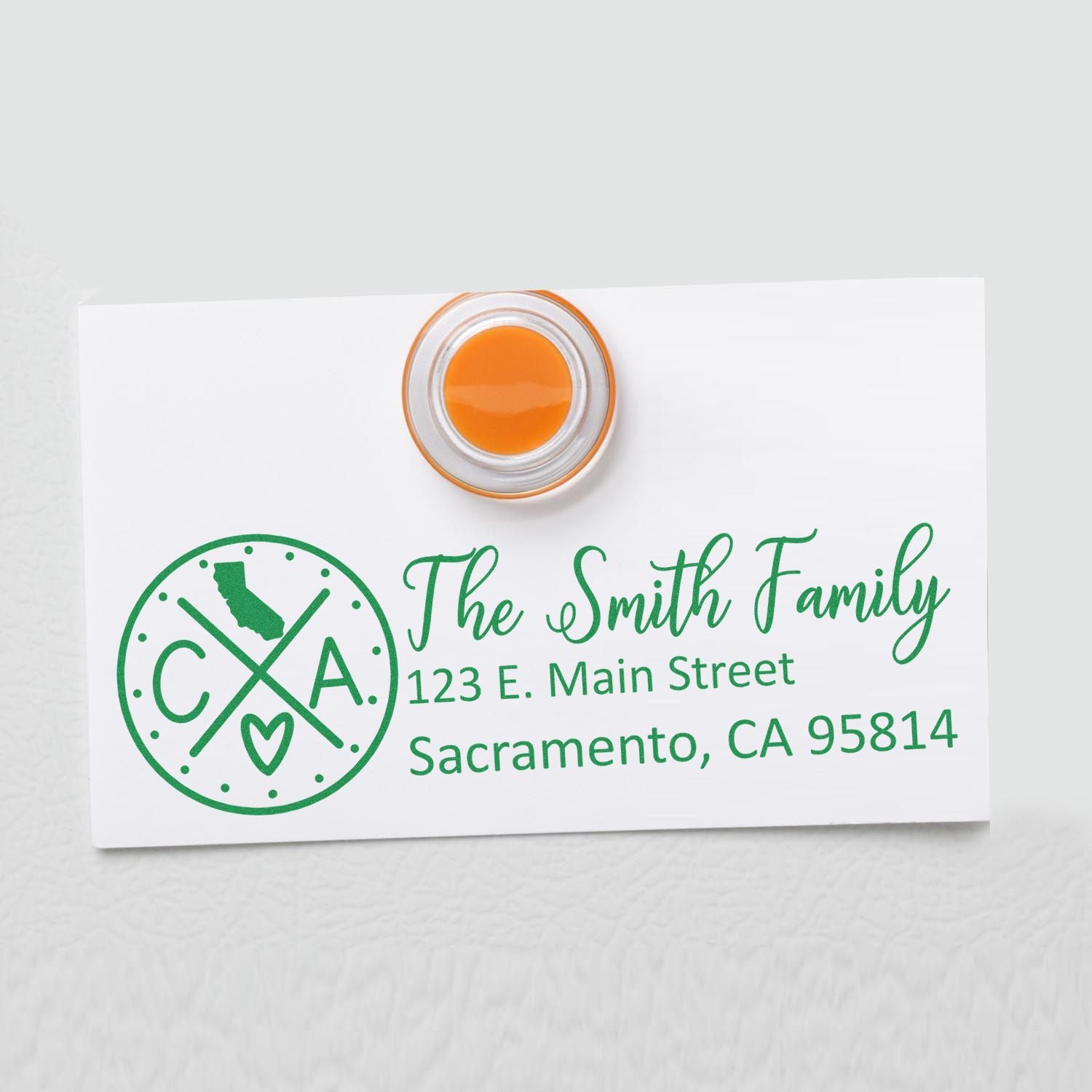 Custom family return address rubber stamp with California monogram, The Smith Family, Sacramento, CA.
