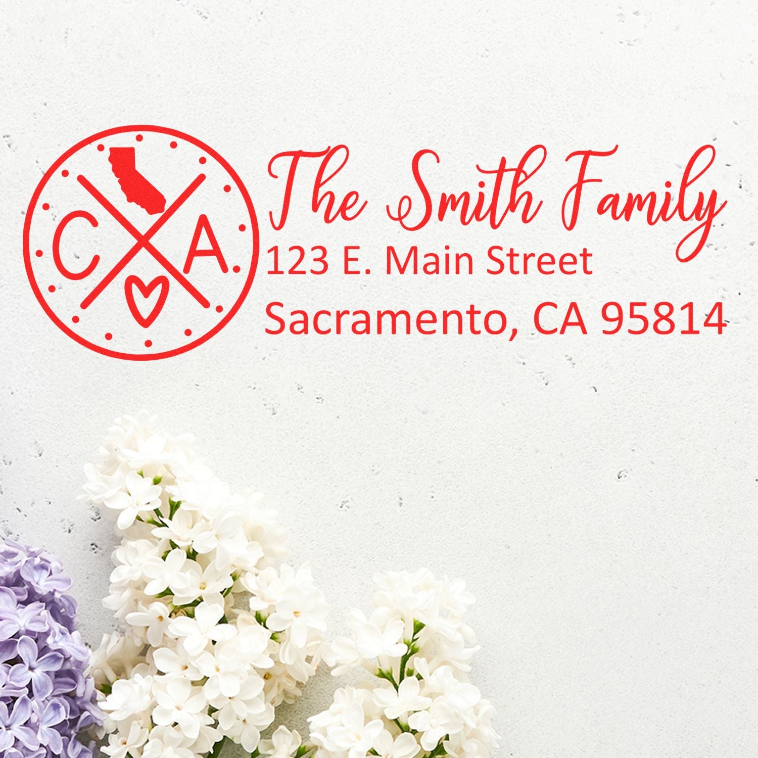 Custom return address rubber stamp with California monogram, The Smith Family, Sacramento, CA personalized address design