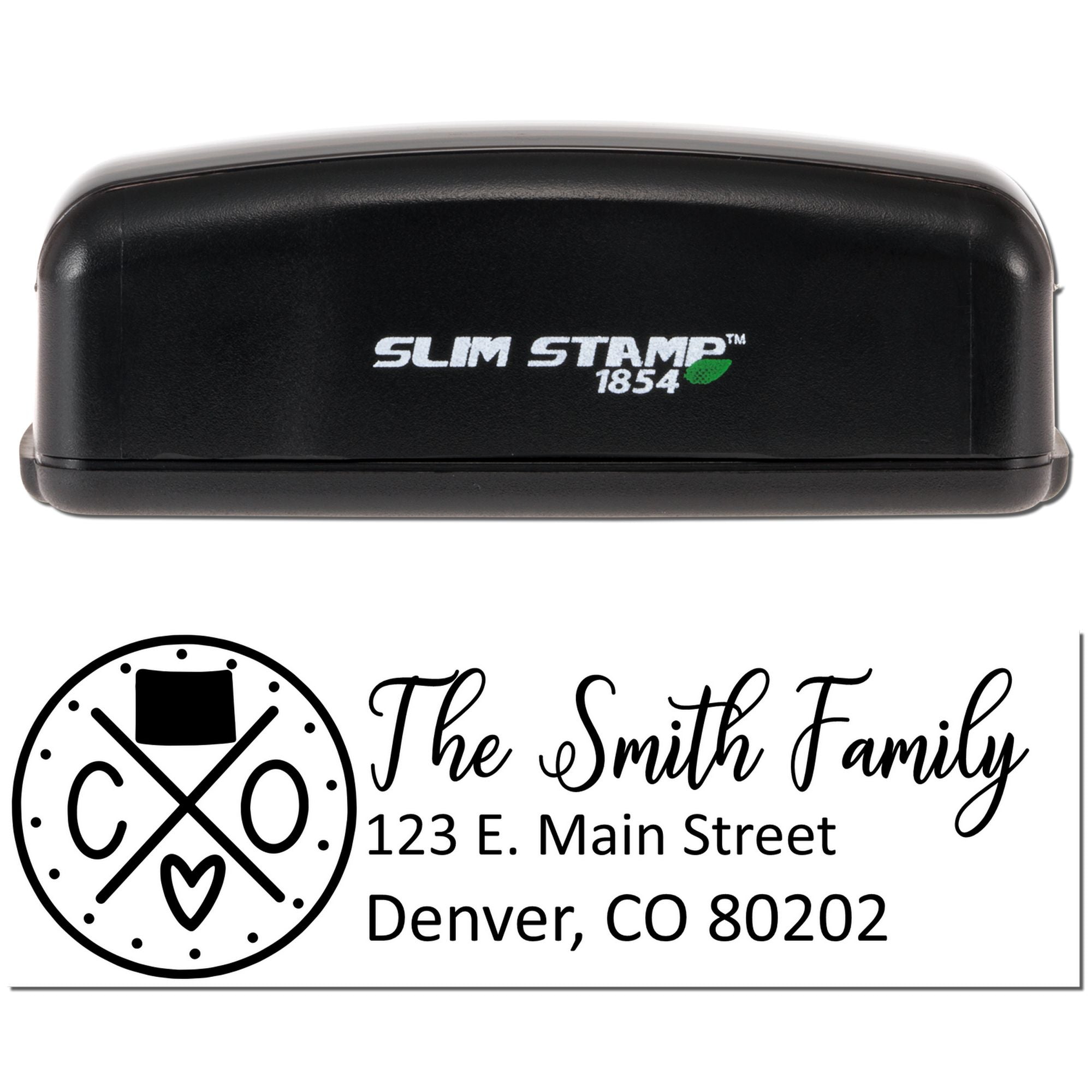 Slim Stamp 1854 custom return address rubber stamp with monogram, family name, and Denver, CO address design.