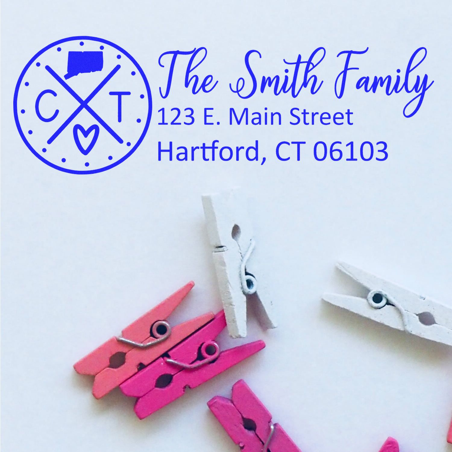 Custom return address rubber stamp for The Smith Family, Hartford CT, featuring monogram logo and personalized mailing address.