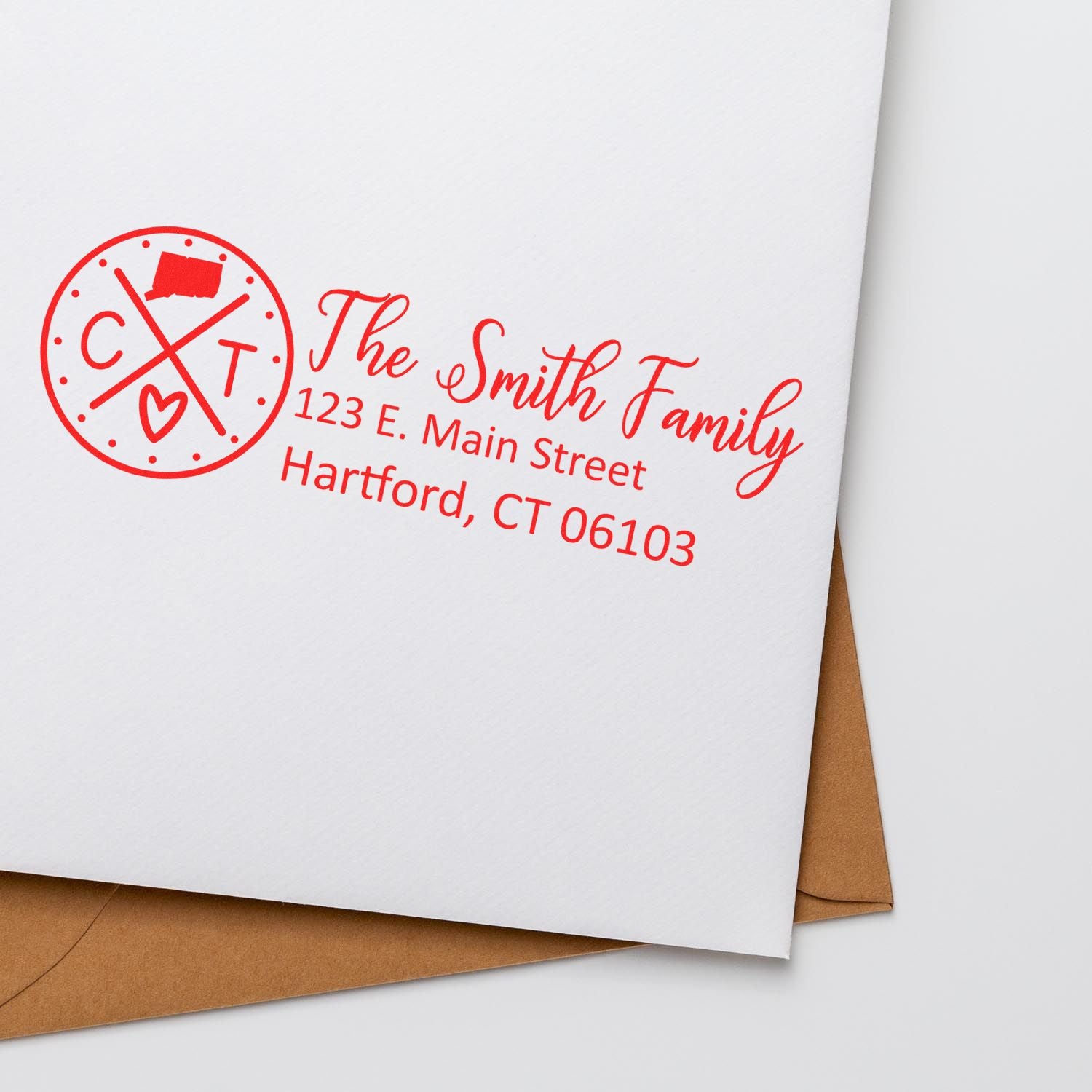 Personalized return address rubber stamp for The Smith Family with custom name and Hartford, CT mailing address