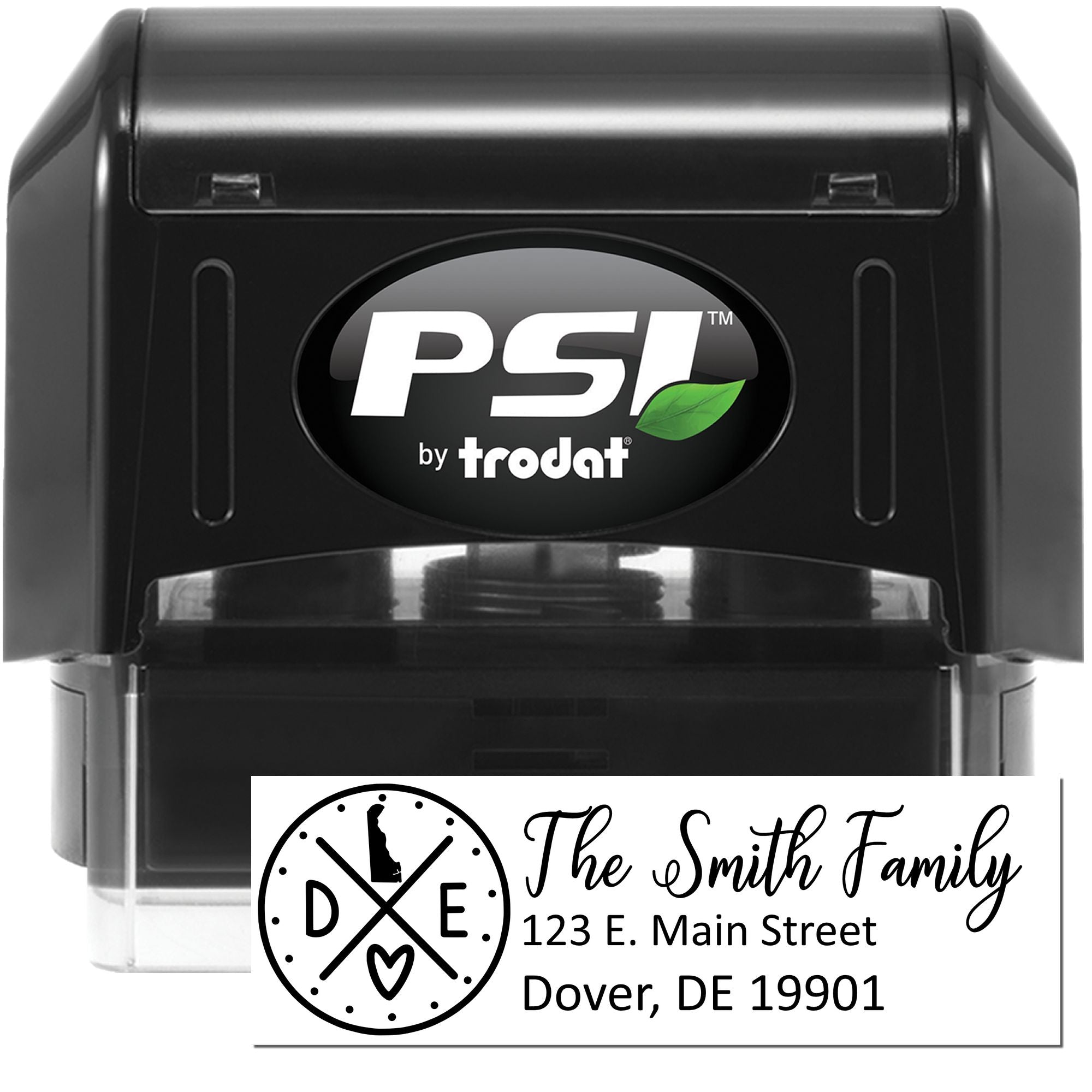 Custom PSI by Trodat self-inking return address rubber stamp with family name and address design.