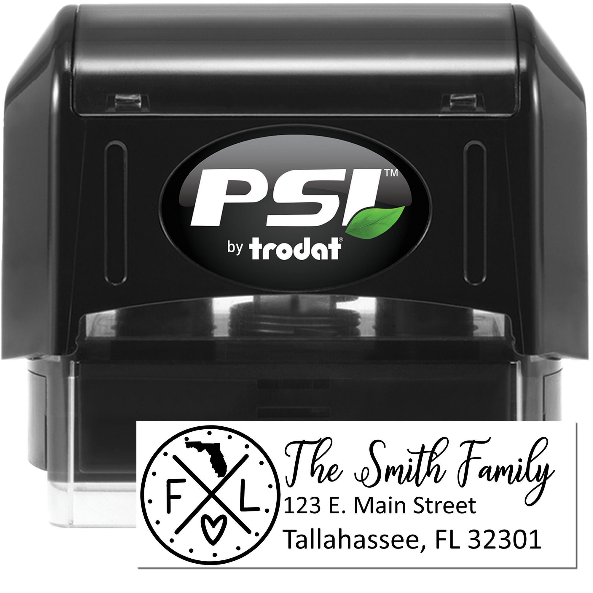 Custom self-inking rubber stamp by PSI Trodat for personalized return address and family monogram stamping.