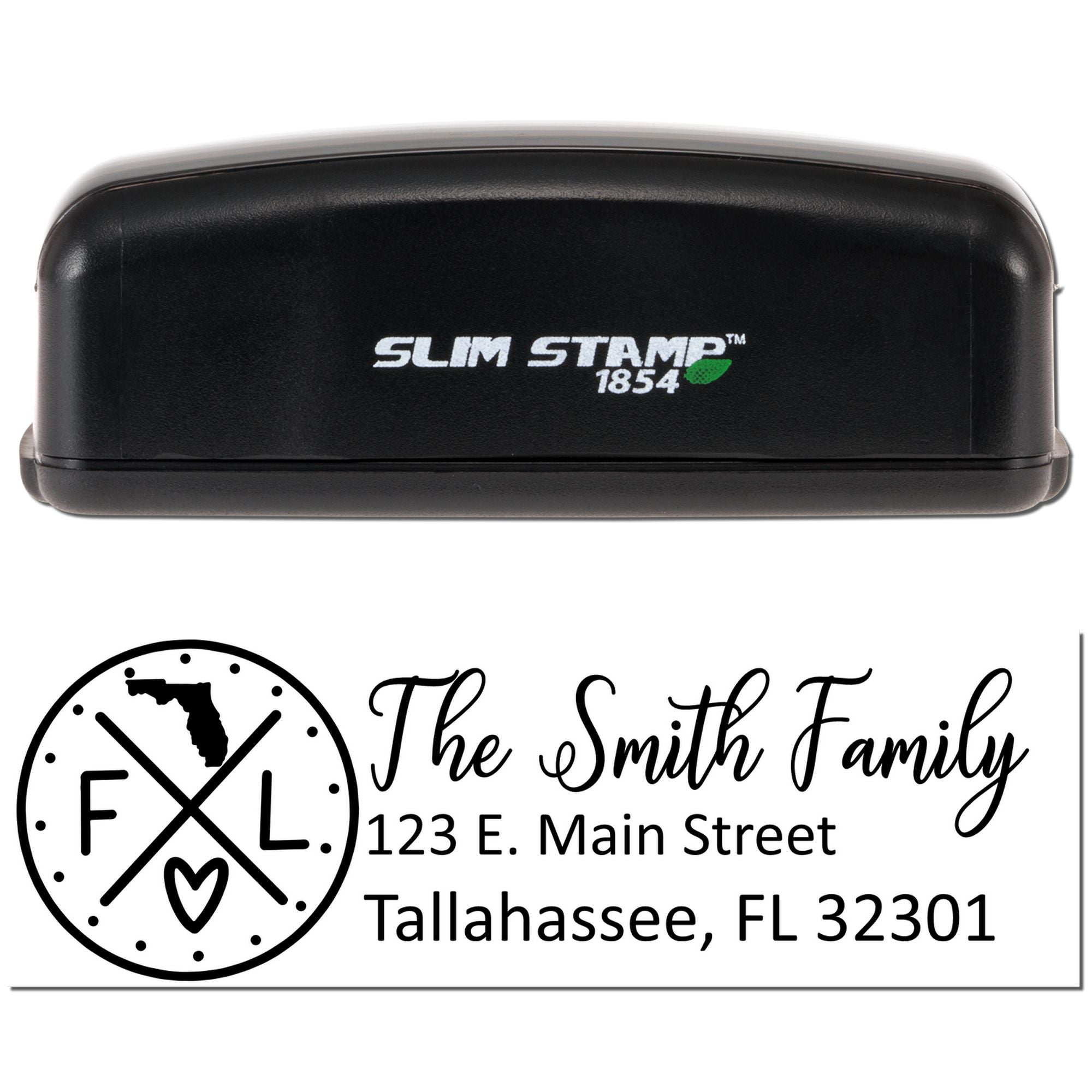 Slim Stamp 1854 custom rubber address stamp for The Smith Family, featuring logo and Tallahassee, FL 32301 return address.
