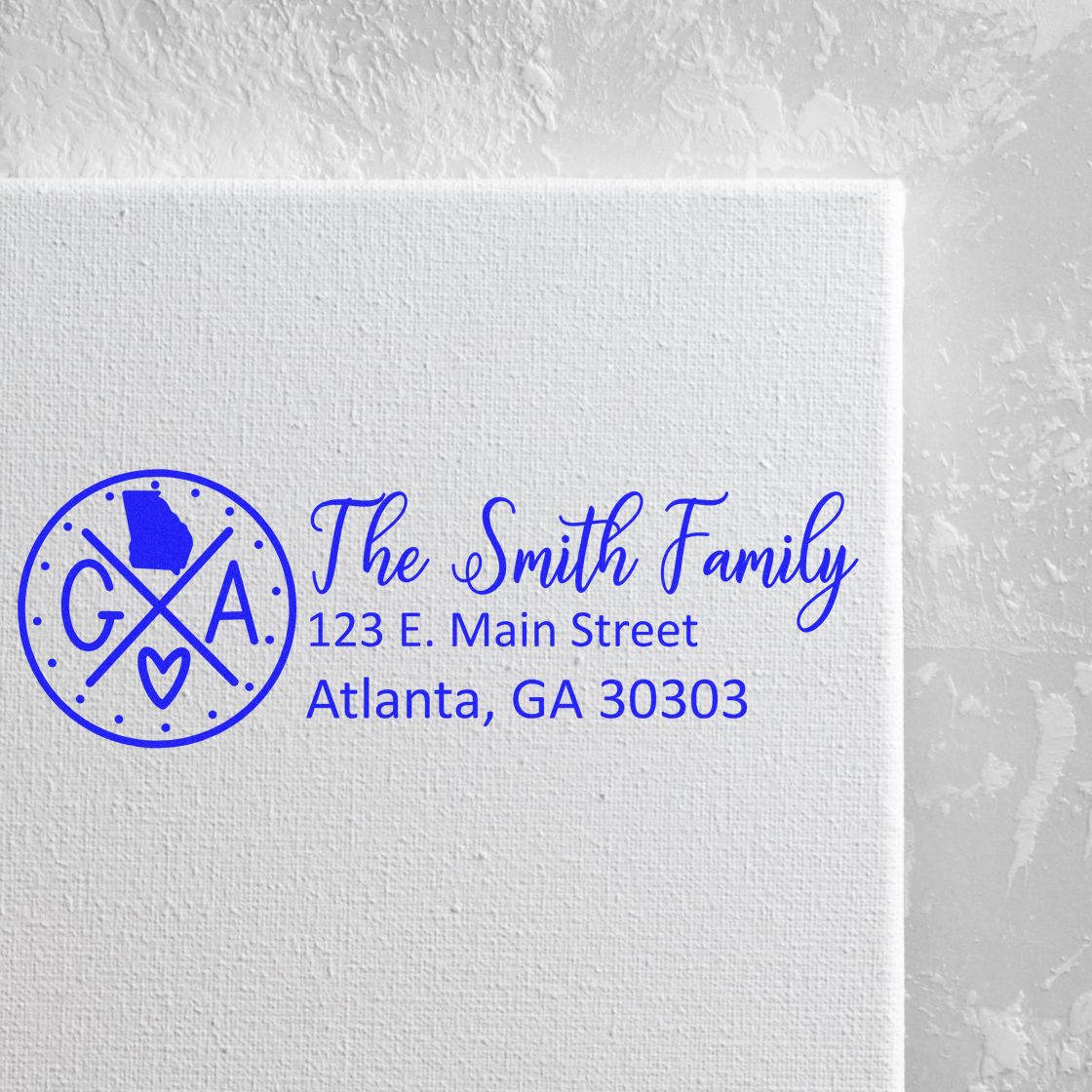 Custom Smith Family return address rubber stamp with monogram, Georgia icon, and Atlanta mailing address.