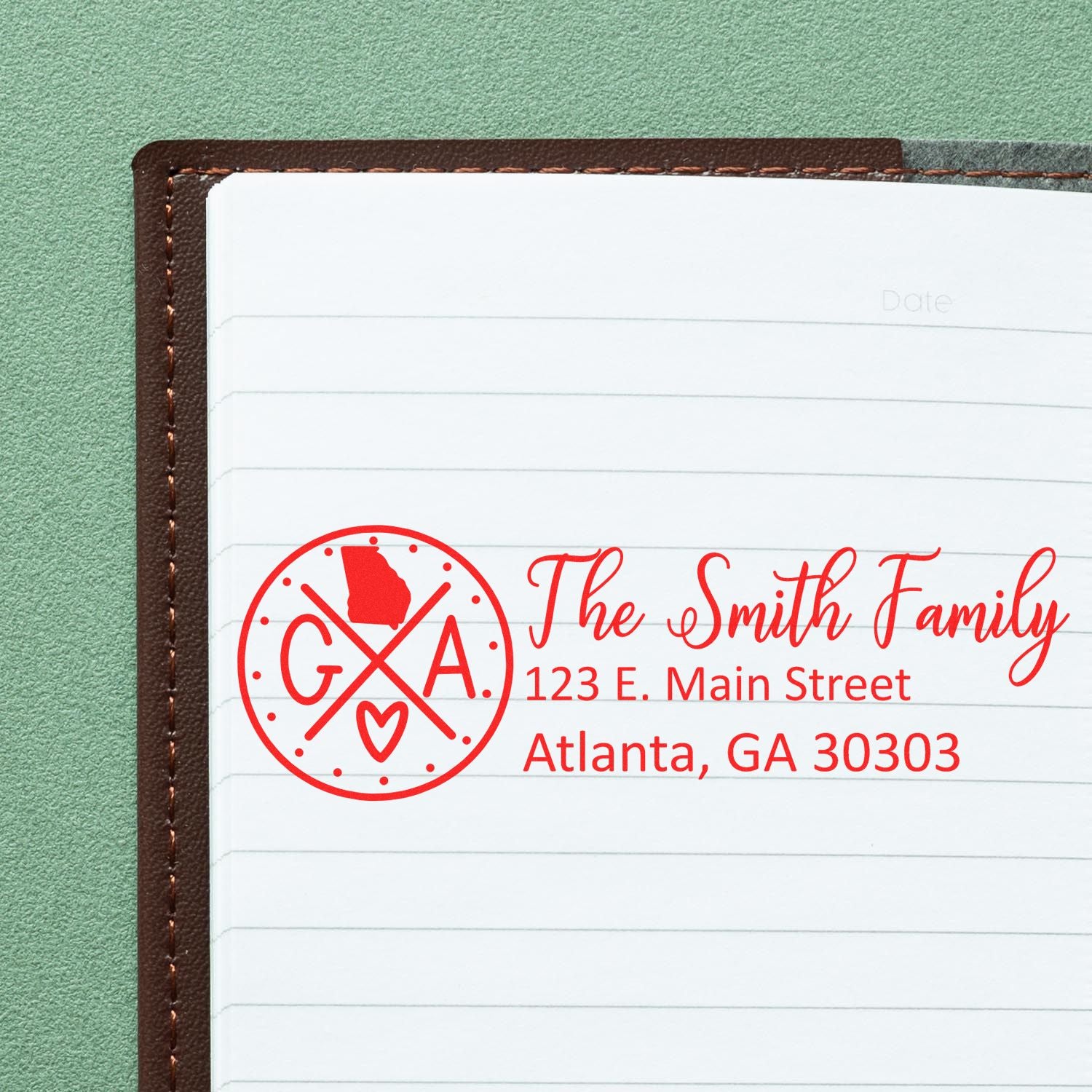 Personalized return address rubber stamp for The Smith Family, Atlanta, GA, with Georgia monogram design.