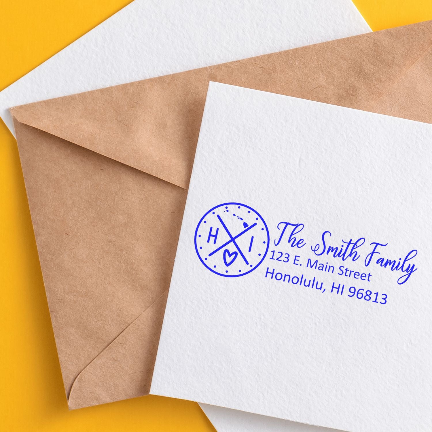 Custom family return address rubber stamp on envelope, featuring The Smith Family and Honolulu, HI address.