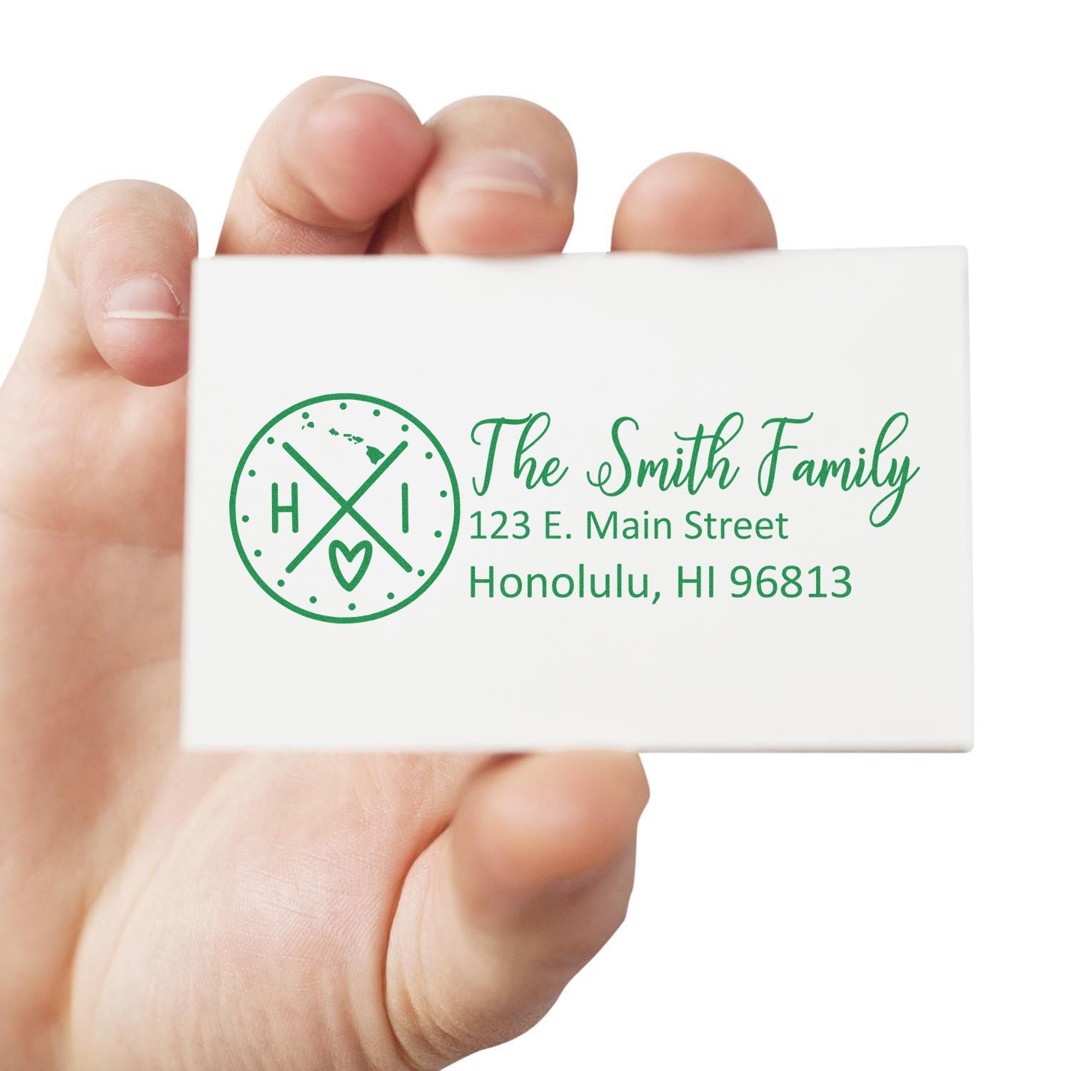 Custom rubber return address stamp for The Smith Family, Honolulu, HI 96813.