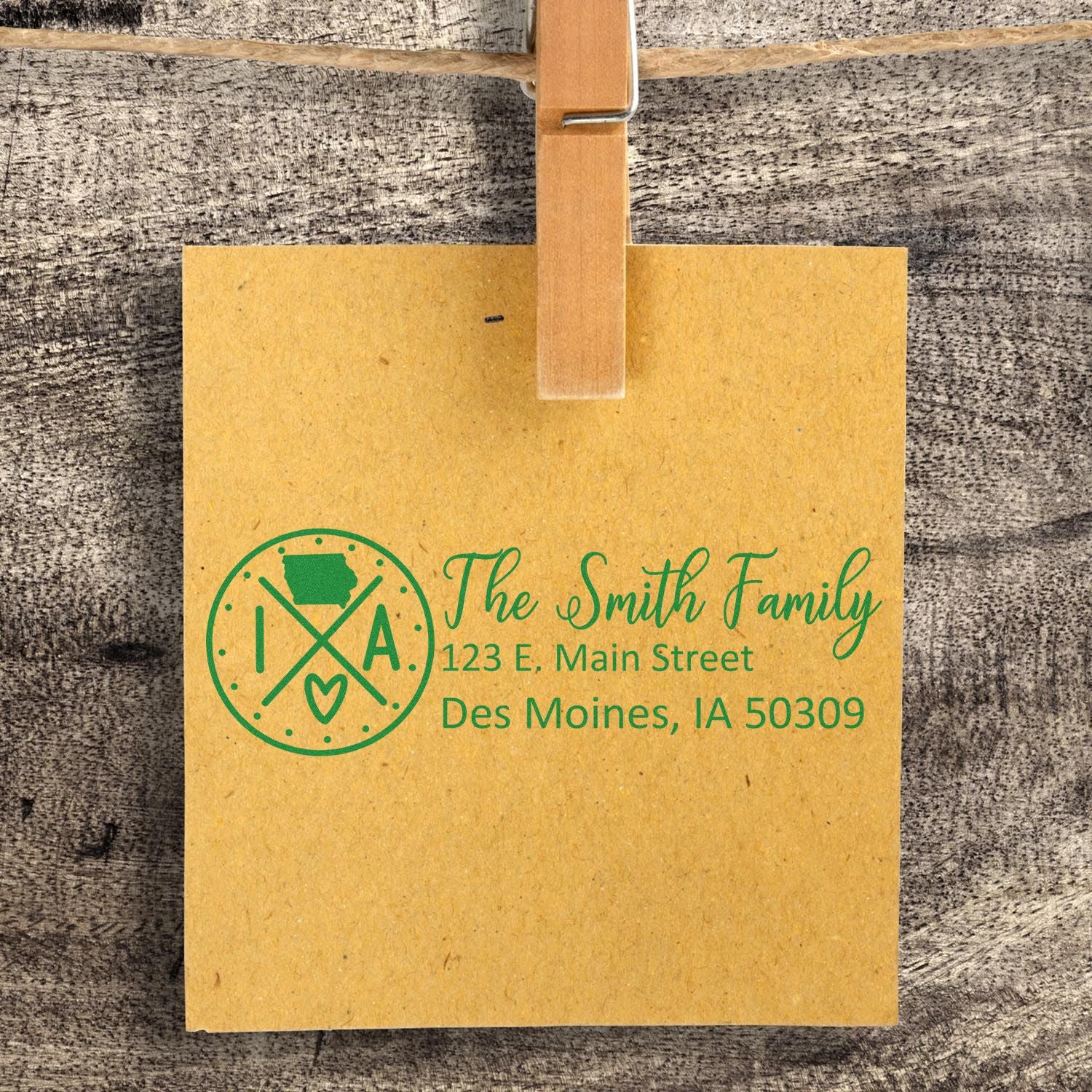 Custom return address rubber stamp for The Smith Family with monogram logo on kraft tag