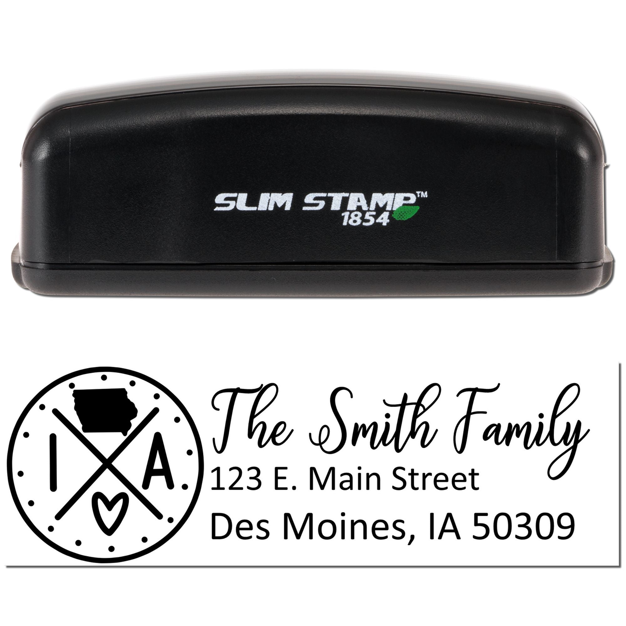 Slim Stamp 1854 personalized return address rubber stamp with Iowa monogram, The Smith Family, Des Moines, IA 50309