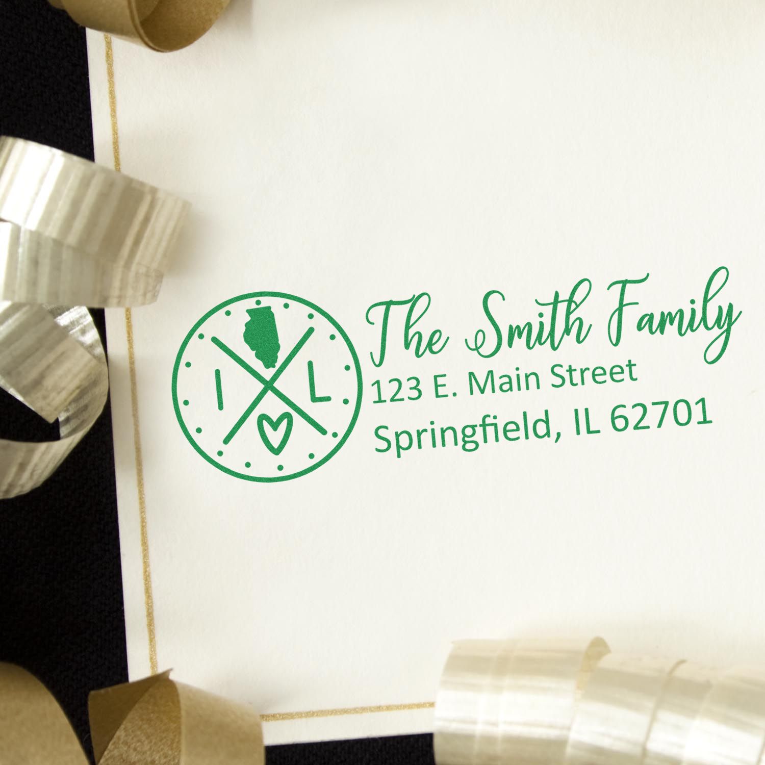 Custom address rubber stamp for wedding invitations, featuring The Smith Family return address and monogram logo.