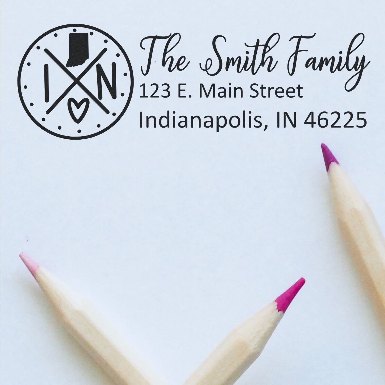 Custom family address rubber stamp with Indiana monogram design, The Smith Family, 123 E. Main Street, Indianapolis, IN 46225.