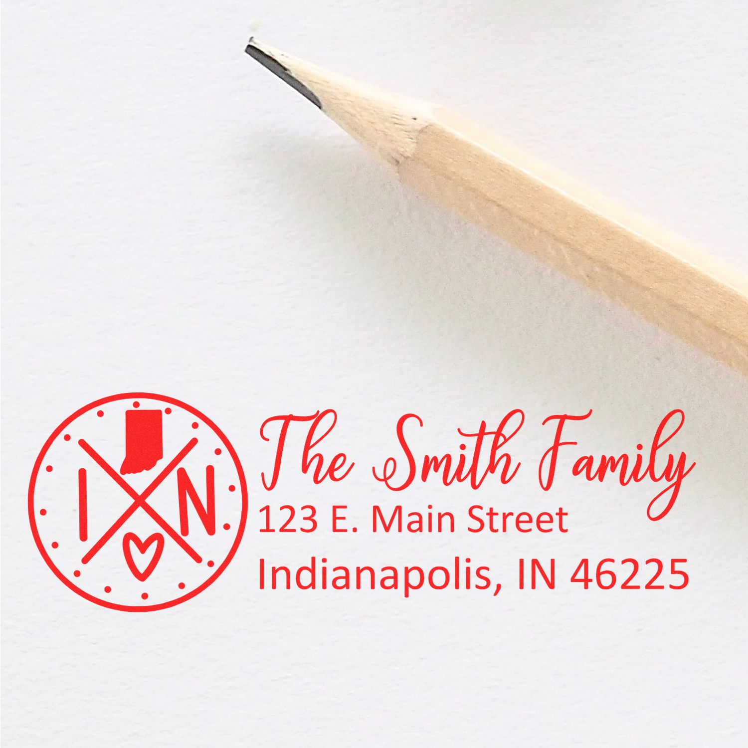 Custom return address rubber stamp design with family monogram, pencil tip mockup, and Smith family Indianapolis address.