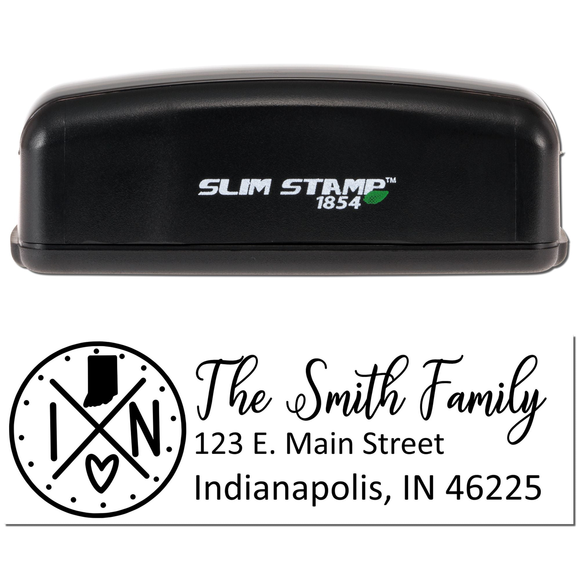 Custom self-inking return address rubber stamp with family monogram and personalized mailing address for envelopes.