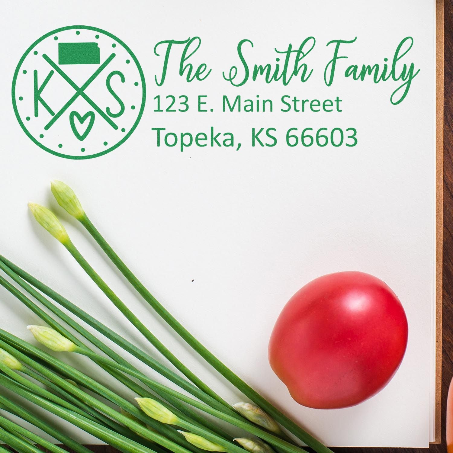 Personalized return address rubber stamp for The Smith Family, with monogram and Topeka, KS 66603 for envelopes.