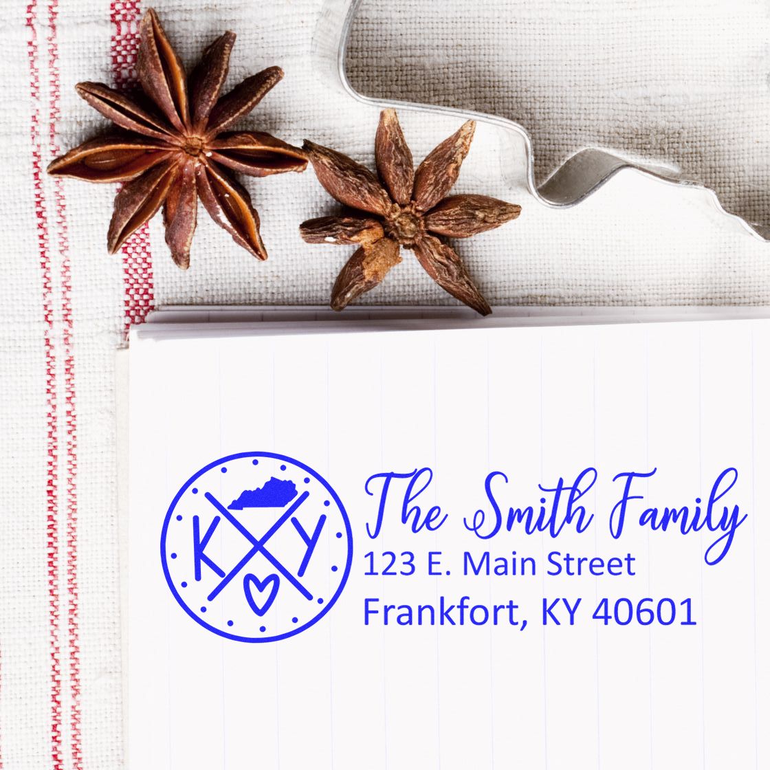Custom family return address rubber stamp for The Smith Family, Frankfort, KY 40601.