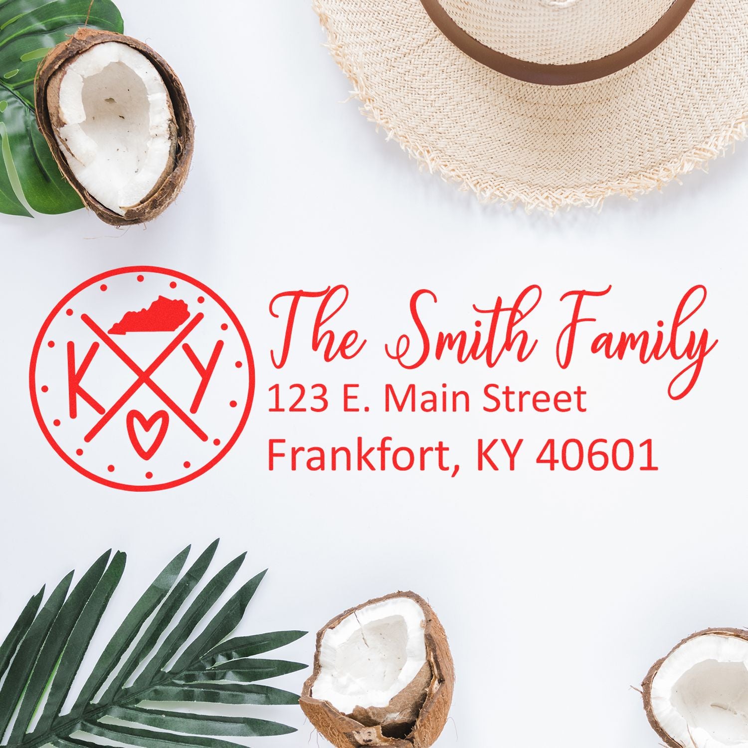 Custom rubber address stamp for The Smith Family with monogram logo and return address in Frankfort, KY.