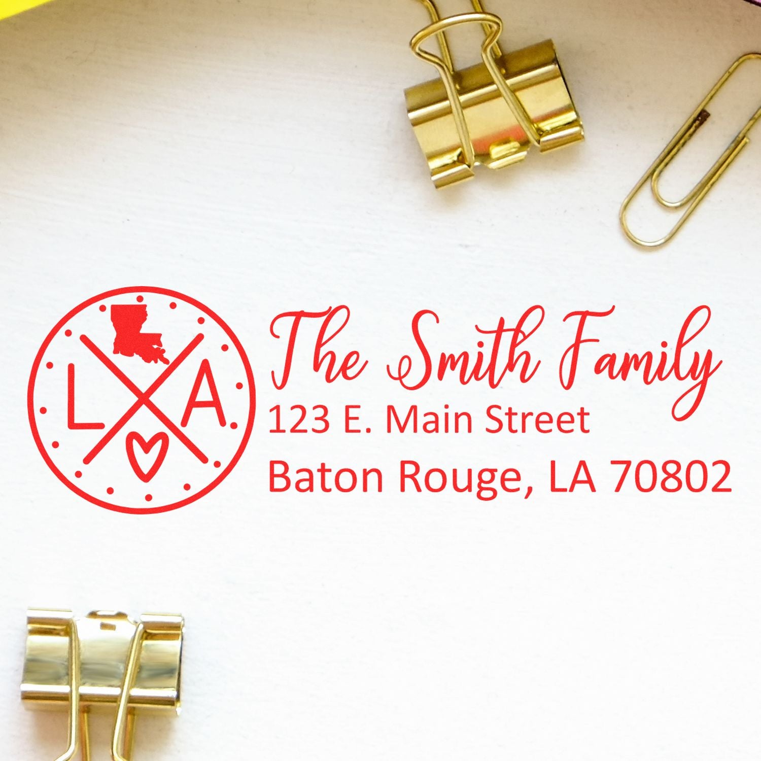 Personalized return address rubber stamp for The Smith Family, Baton Rouge, LA 70802, with Louisiana monogram logo.