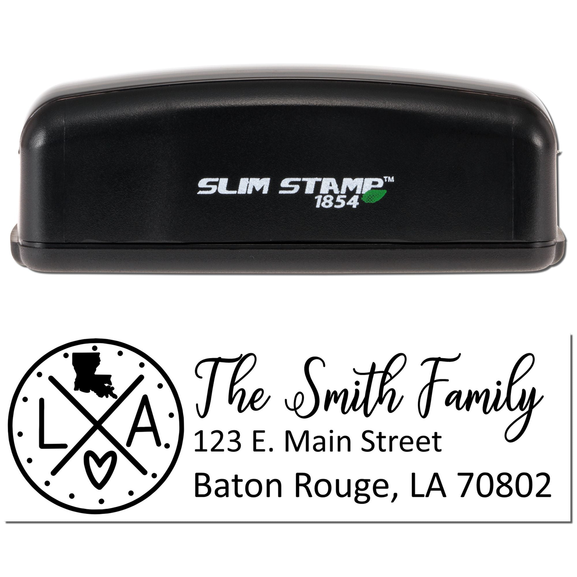 Slim Stamp 1854 personalized return address rubber stamp with The Smith Family logo, address, and Baton Rouge, LA imprint.