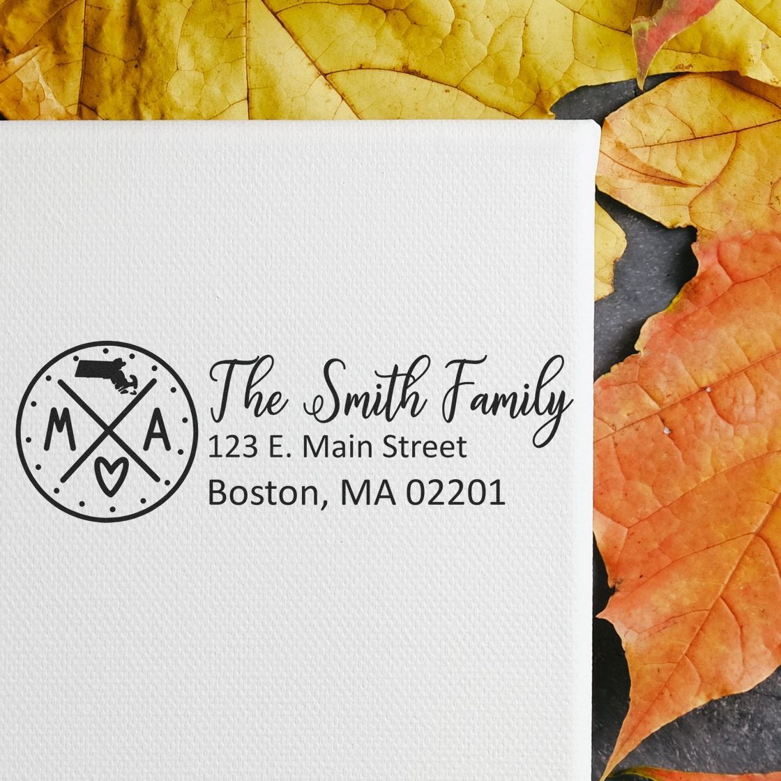 Custom personalized return address rubber stamp for The Smith Family, printed on envelope with Boston, MA address and monogram logo.