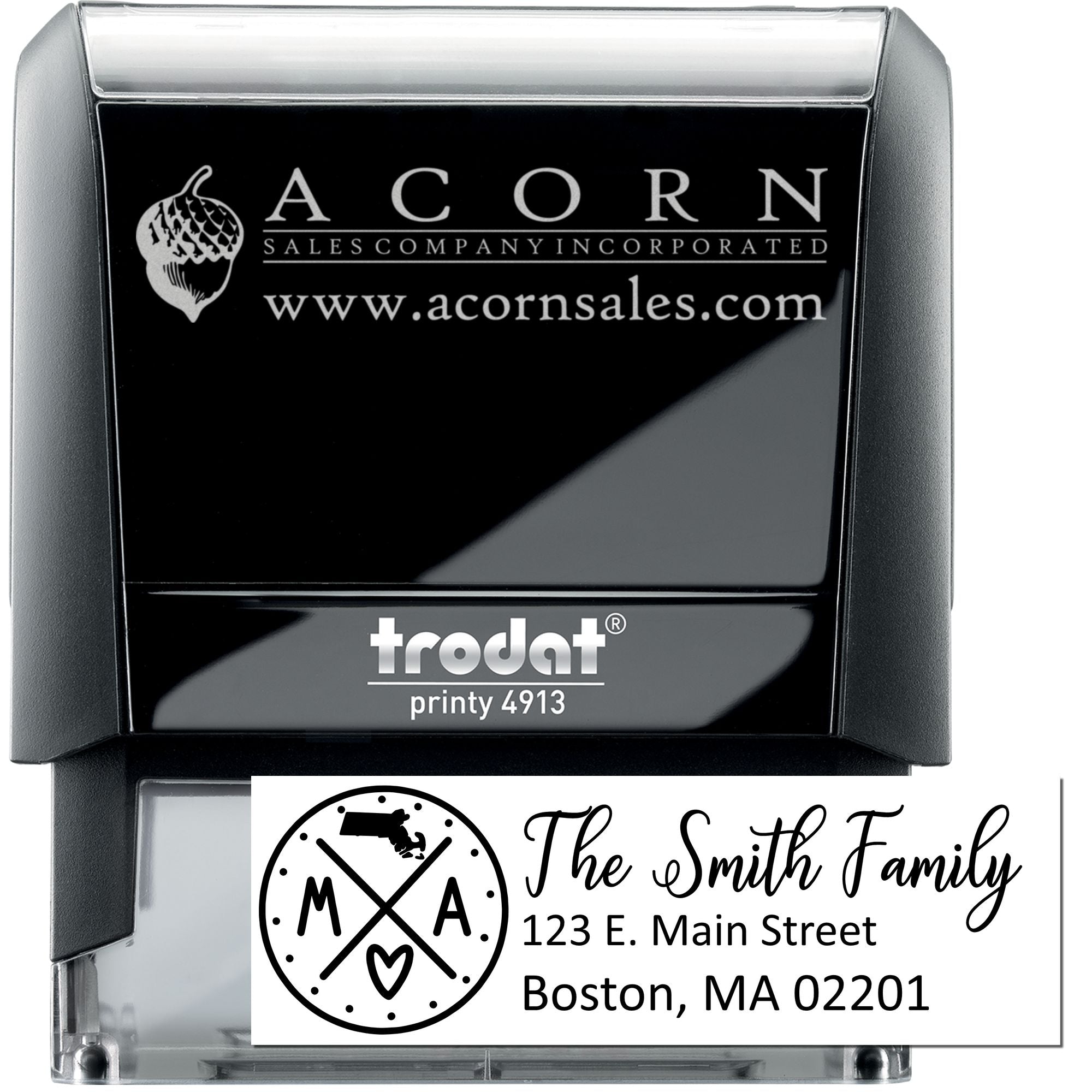 Trodat self-inking custom rubber stamp with logo and return address for business and mailing use.