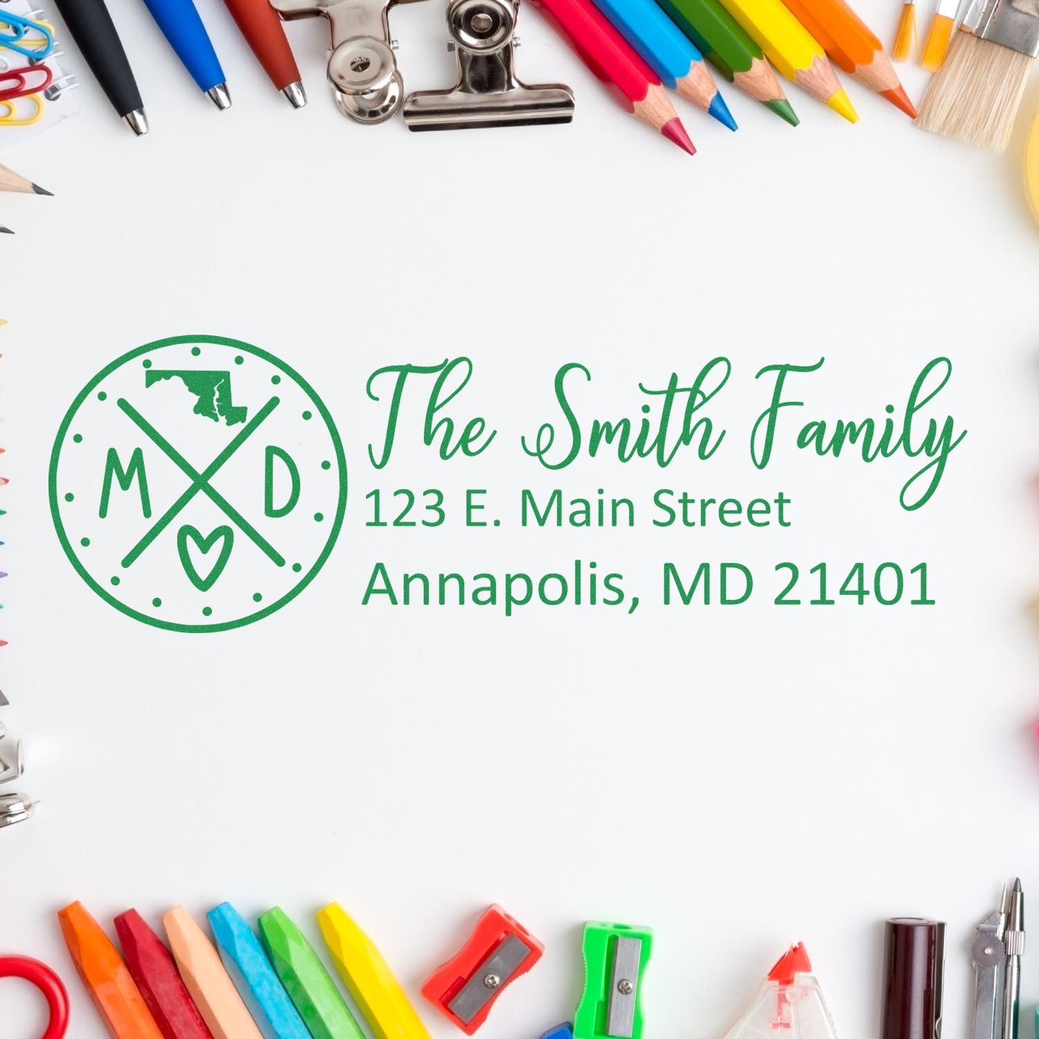 Custom return address rubber stamp for The Smith Family, Annapolis, MD 21401, with monogram logo and household stationery.