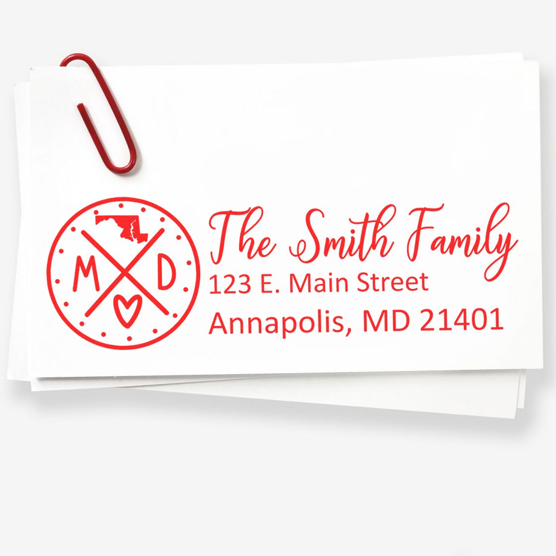Custom rubber return address stamp featuring Smith family monogram and Annapolis, MD address for personalized envelopes.