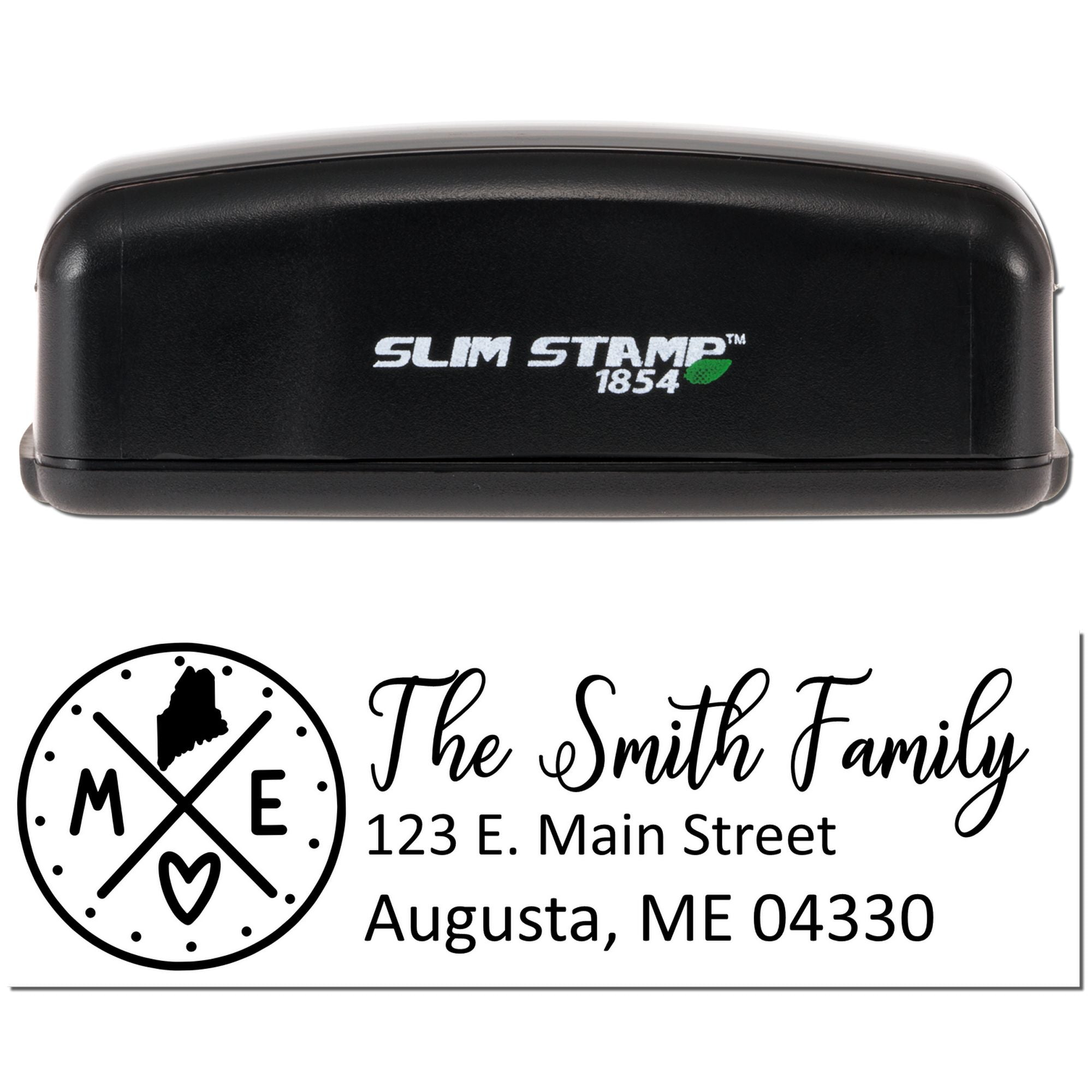 Slim Stamp 1854 custom rubber return address stamp with Smith Family monogram and Augusta, ME address design