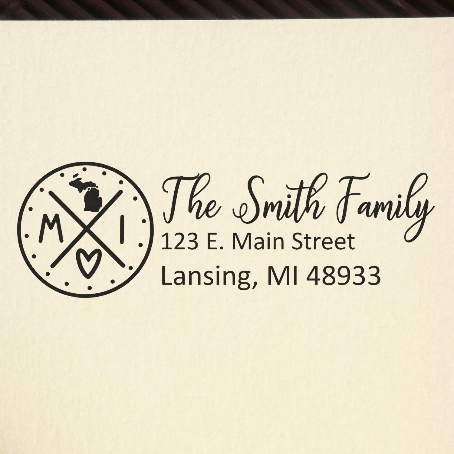 Custom family return address stamp with Michigan monogram, The Smith Family, 123 E. Main Street, Lansing, MI 48933