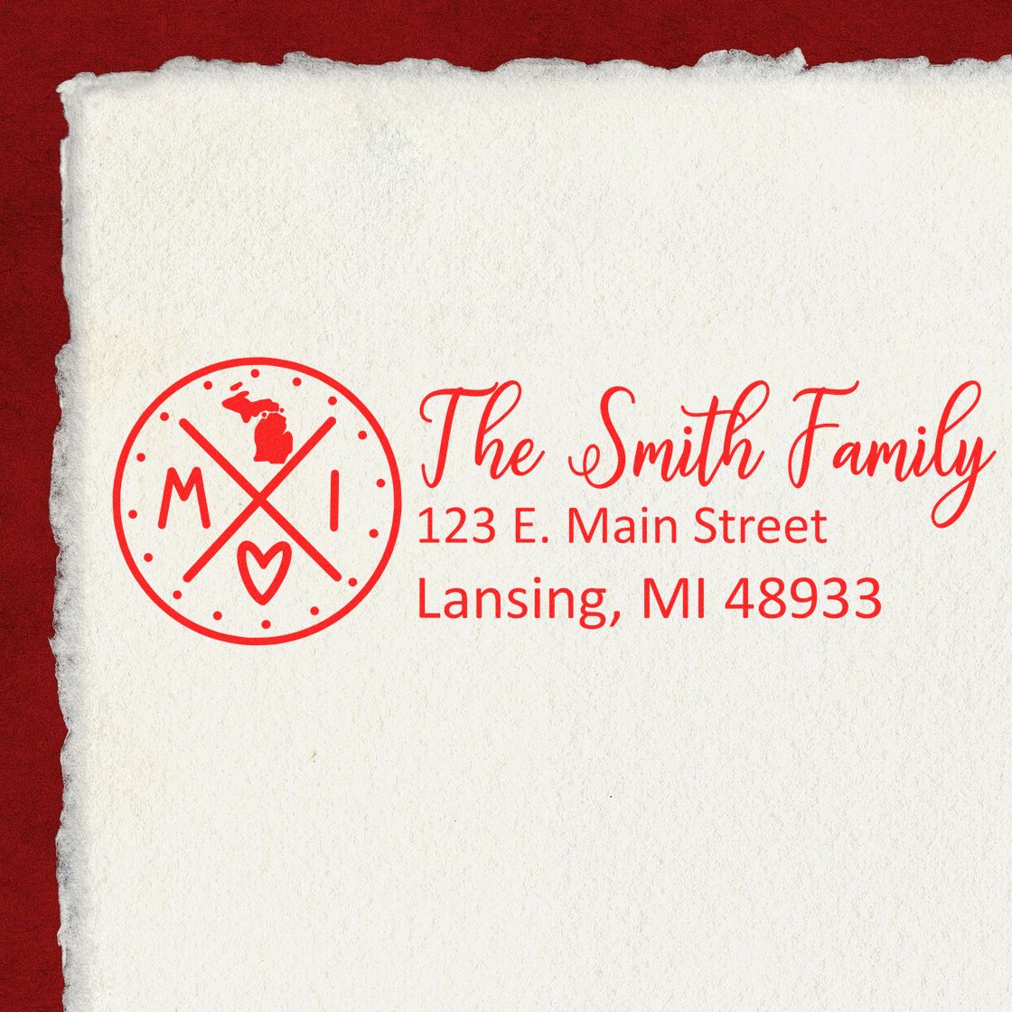 Personalized Smith family return address rubber stamp with Michigan monogram and Lansing, MI address in red ink
