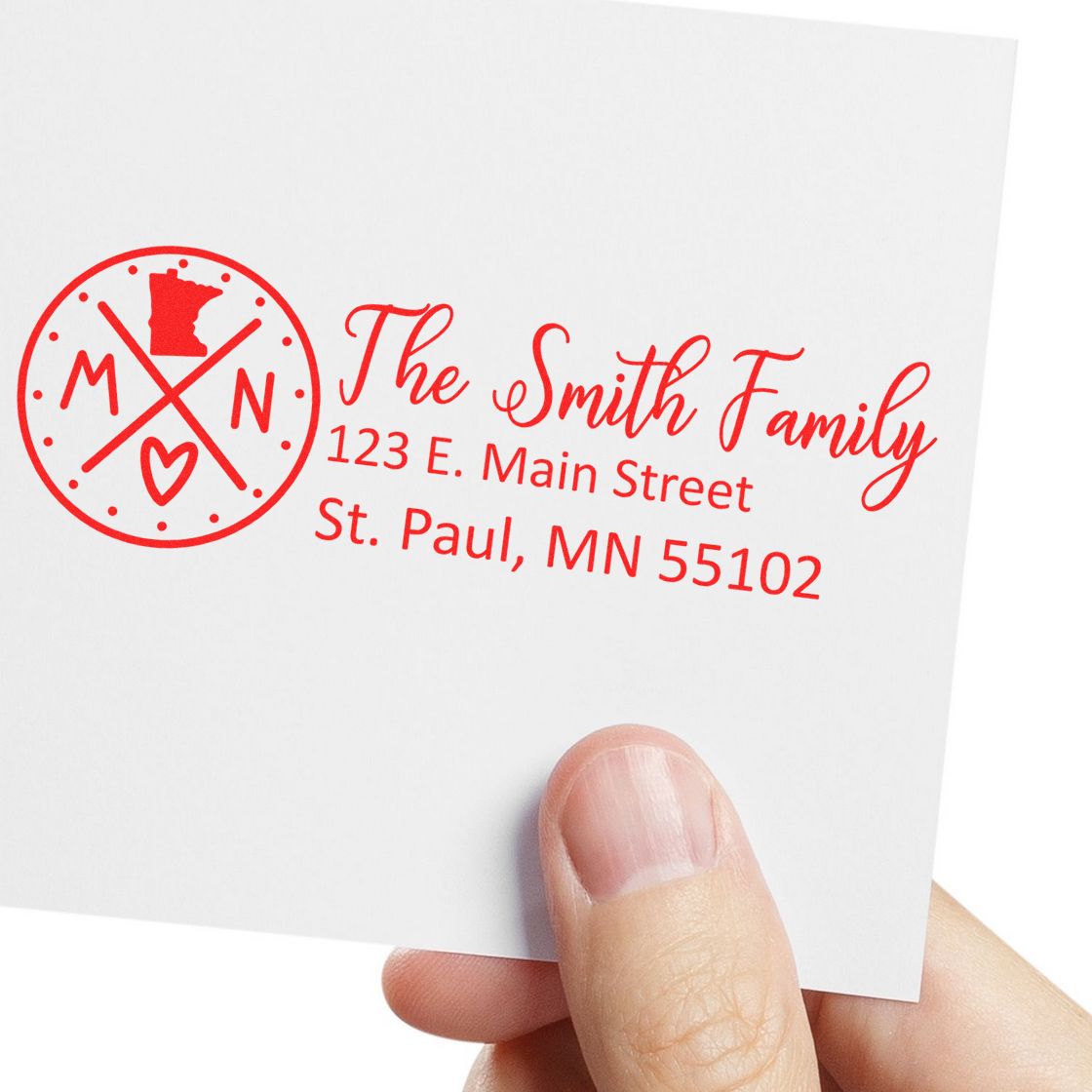 Custom rubber address stamp for The Smith Family, featuring monogram logo and St. Paul, MN return address.