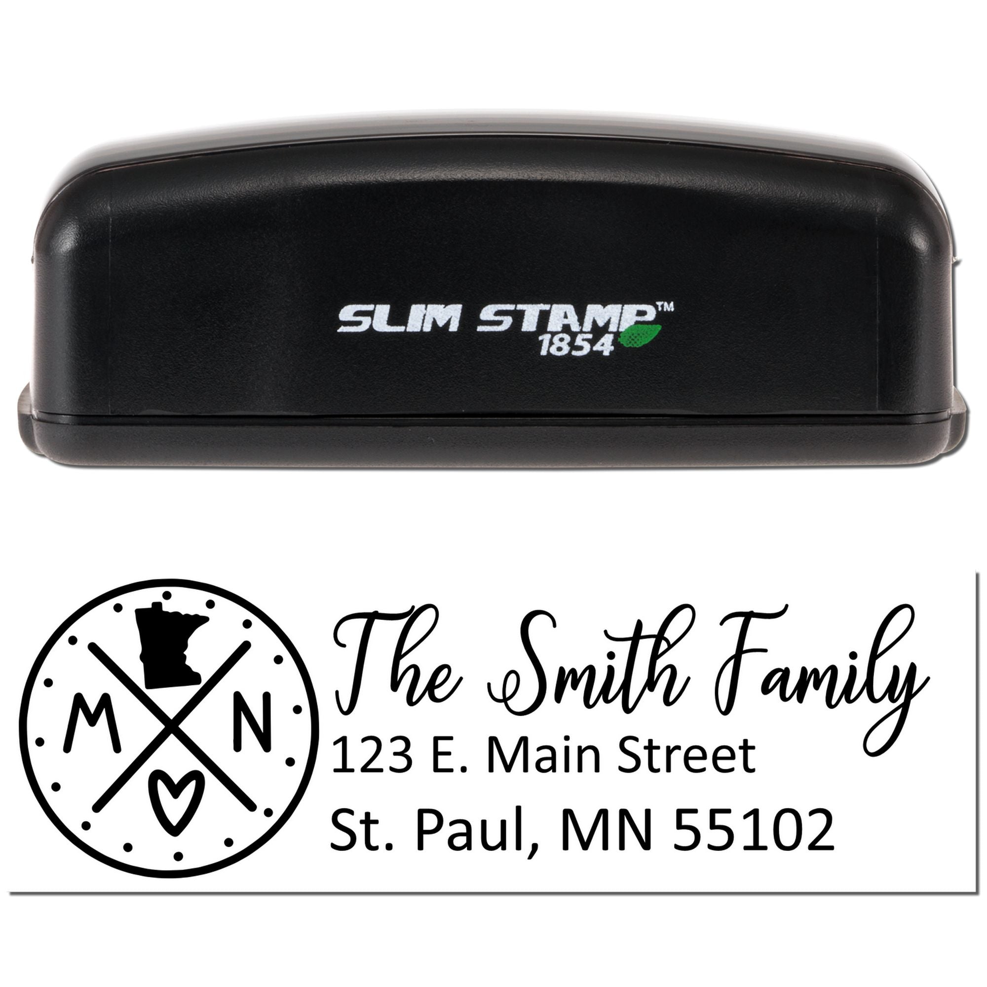 Slim Stamp 1854 custom self-inking rubber stamp with family address design and Minnesota monogram.