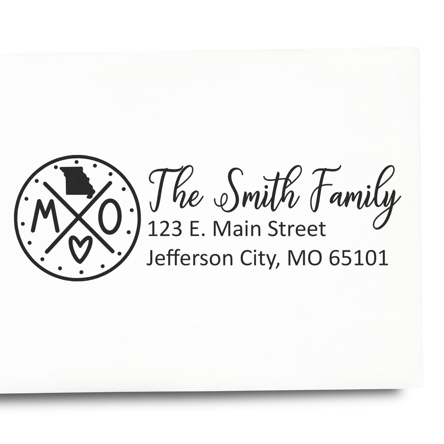Custom Missouri family return address rubber stamp with The Smith Family name and Jefferson City, MO 65101 address.