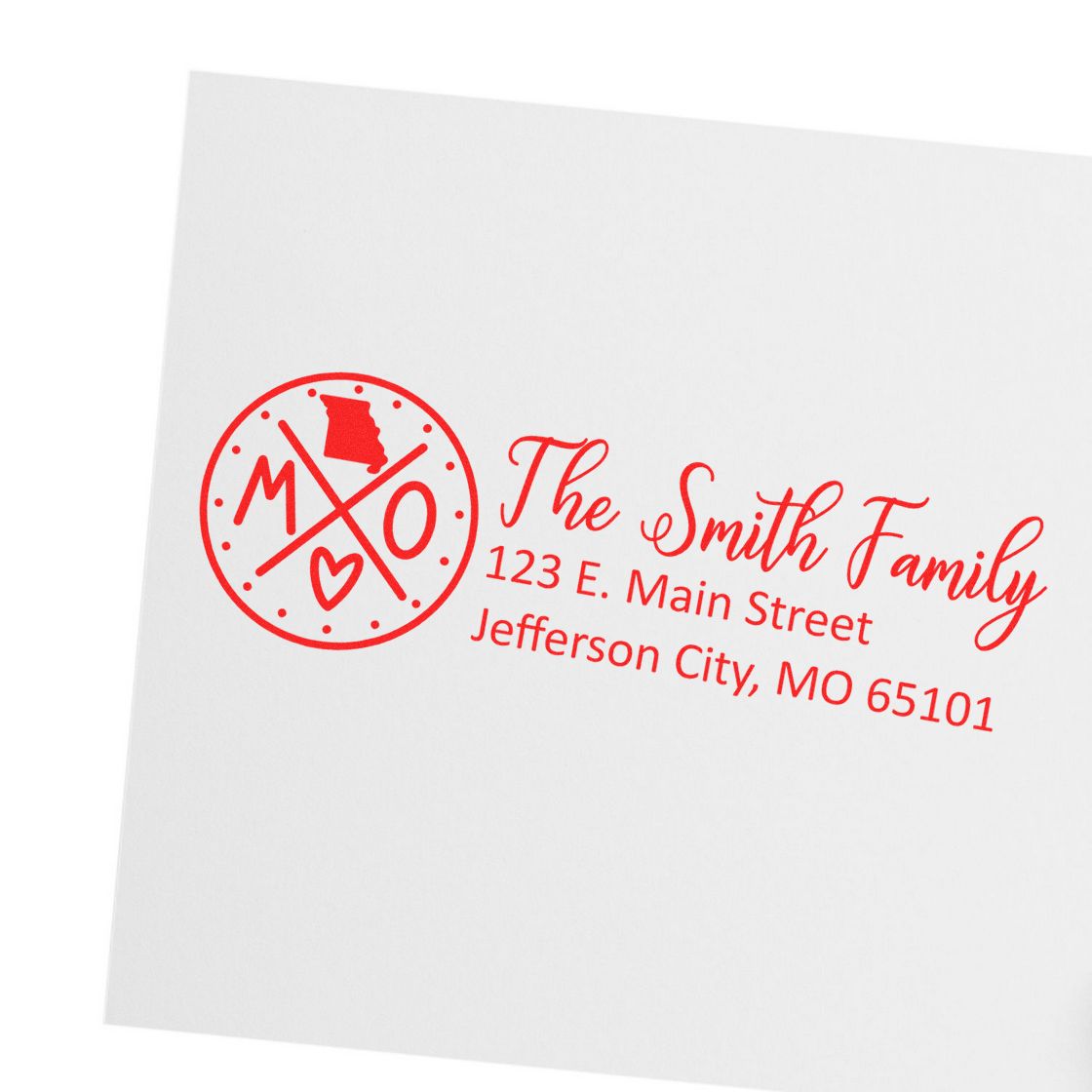 Custom return address rubber stamp for The Smith Family with monogram logo and Jefferson City, MO address.